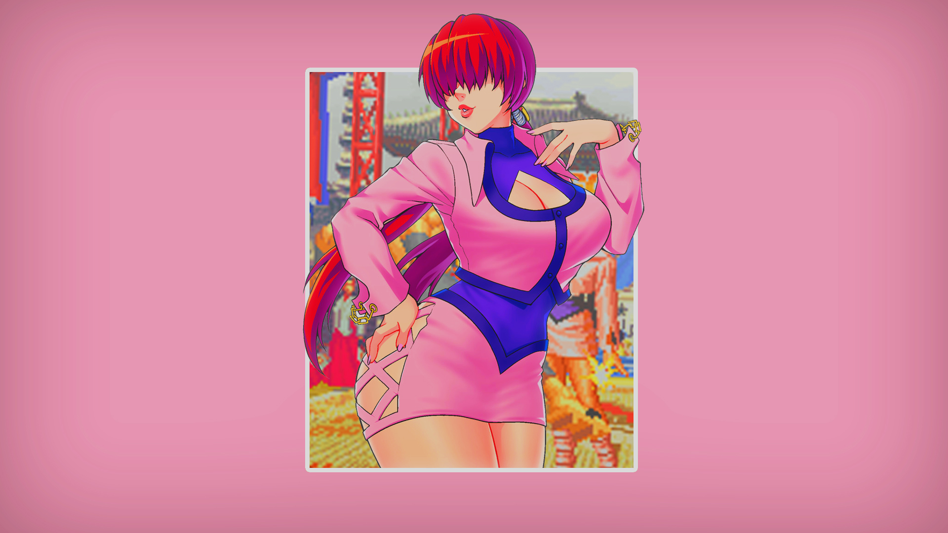 Anime 1920x1080 anime anime girls picture-in-picture simple background pixel art King of Fighters Shermie cleavage thick body big boobs