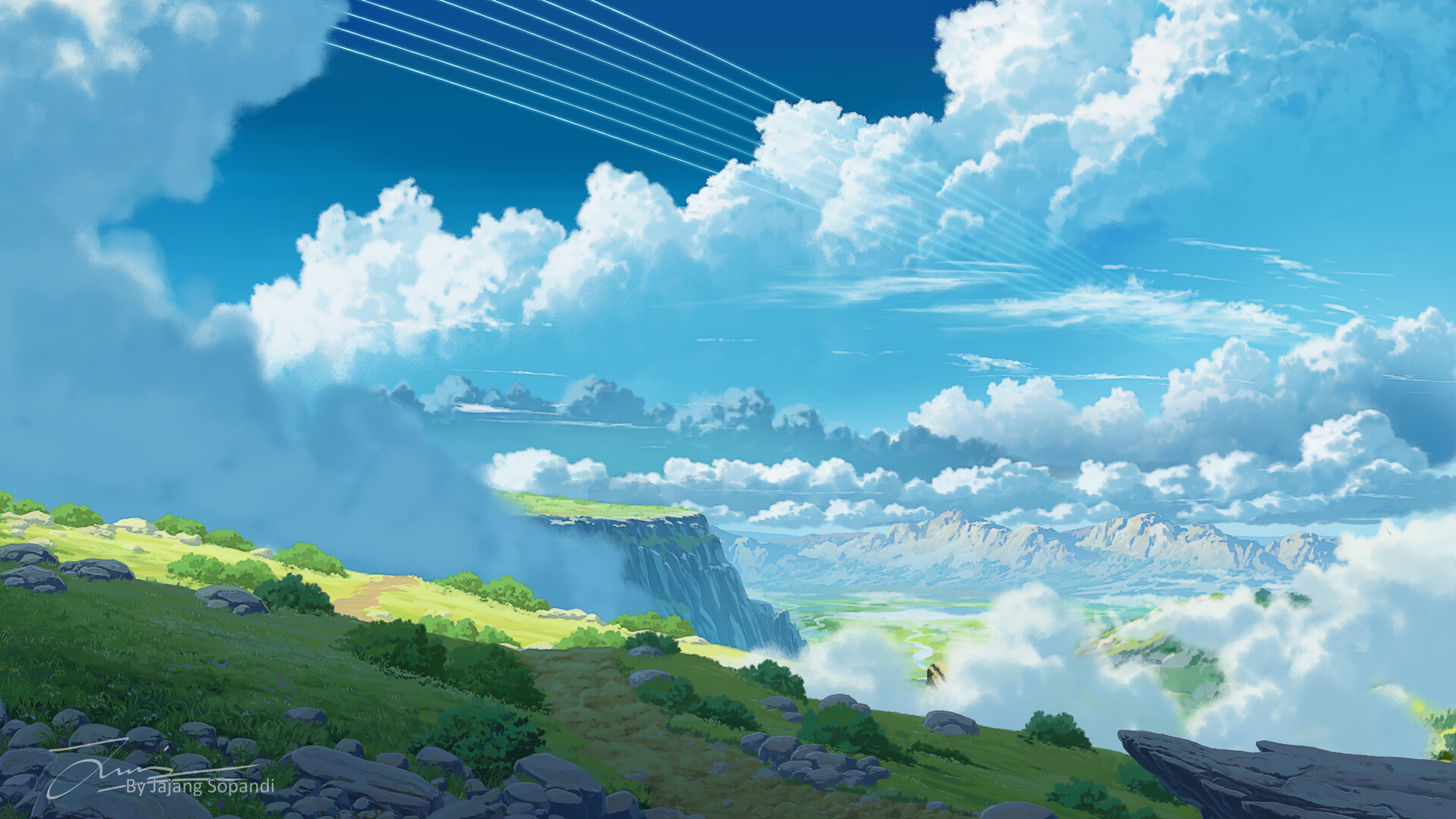 Jajang Sopandi, landscape, digital art, clear sky, clouds, mountains, anime,  anime sky, ArtStation | 1920x1080 Wallpaper 