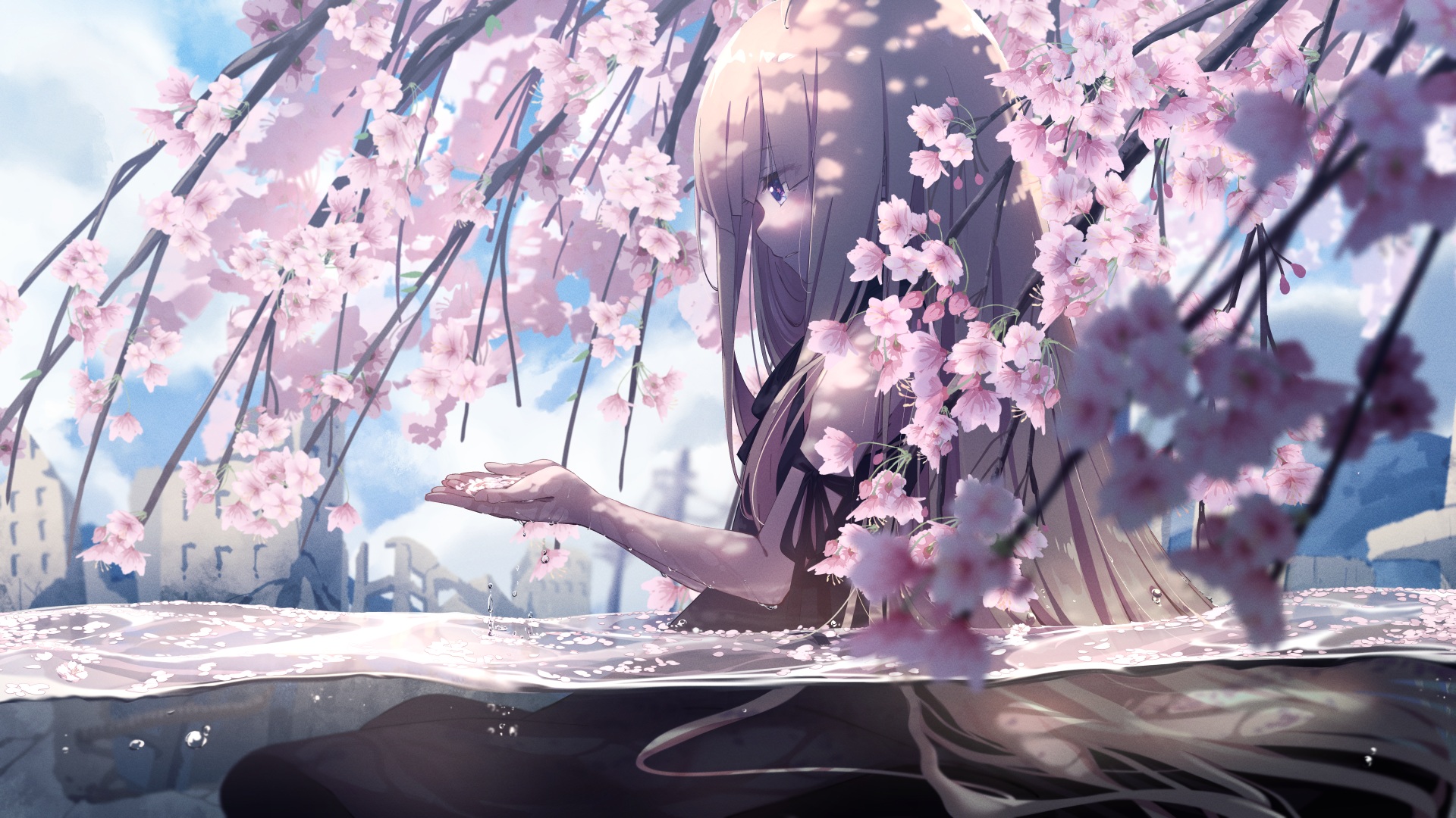 Anime 1920x1080 anime anime girls cherry trees in water water