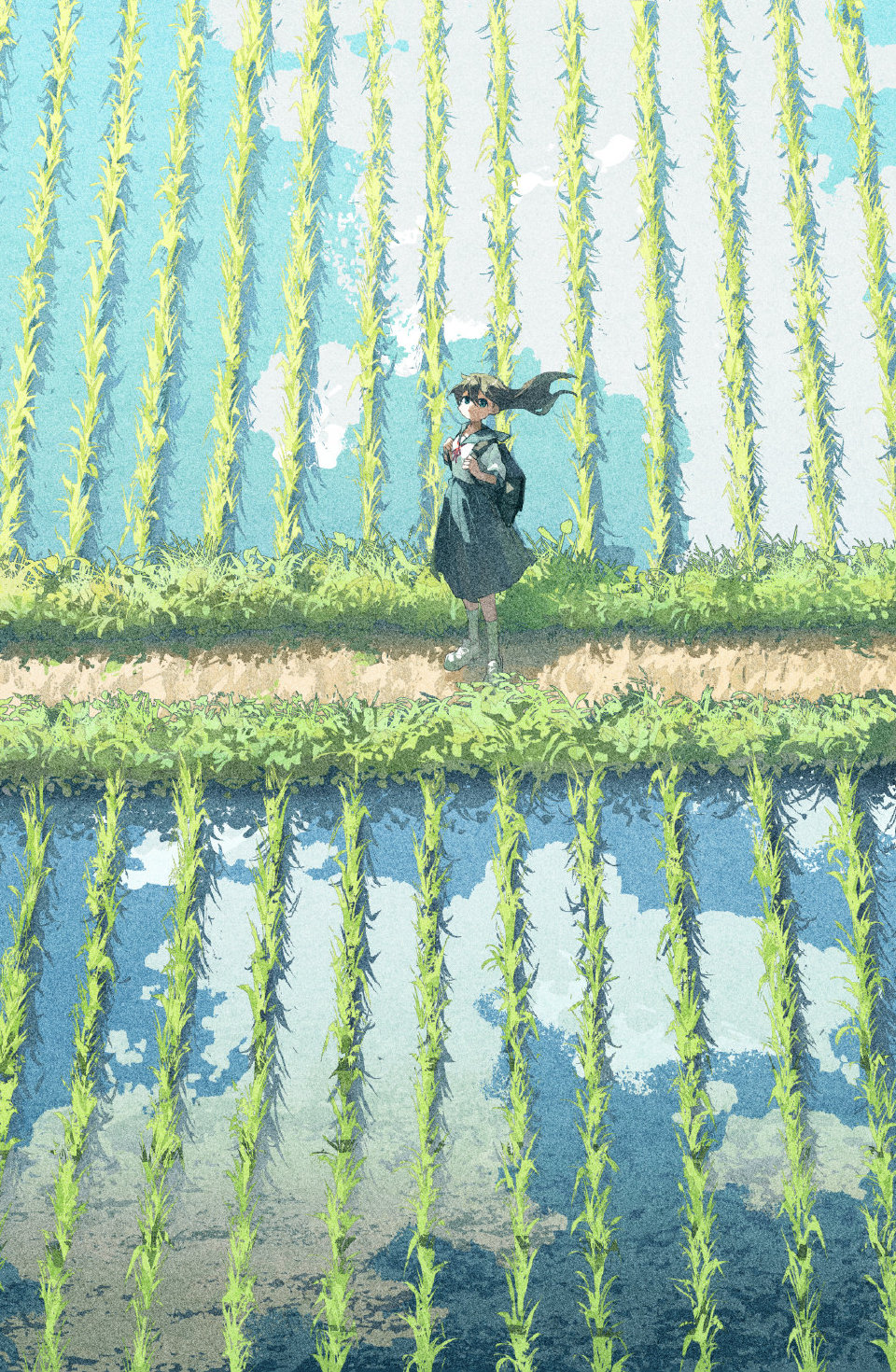Anime 960x1470 anime girls artwork water digital art rice fields portrait display backpacks long hair hair blowing in the wind schoolgirl school uniform looking at viewer