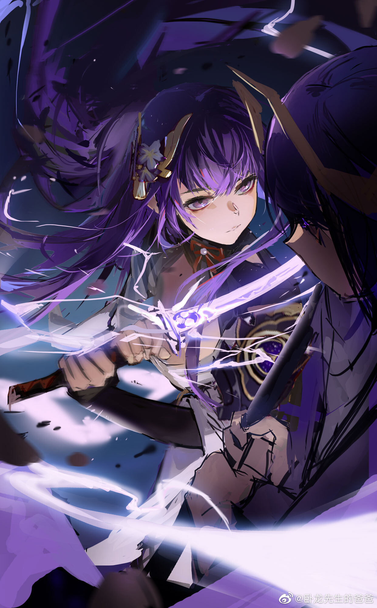 Anime 1242x2000 fantasy art fantasy girl purple hair sword women with swords weapon long hair video game girls video game characters purple eyes Raiden Shogun (Genshin Impact) Genshin Impact