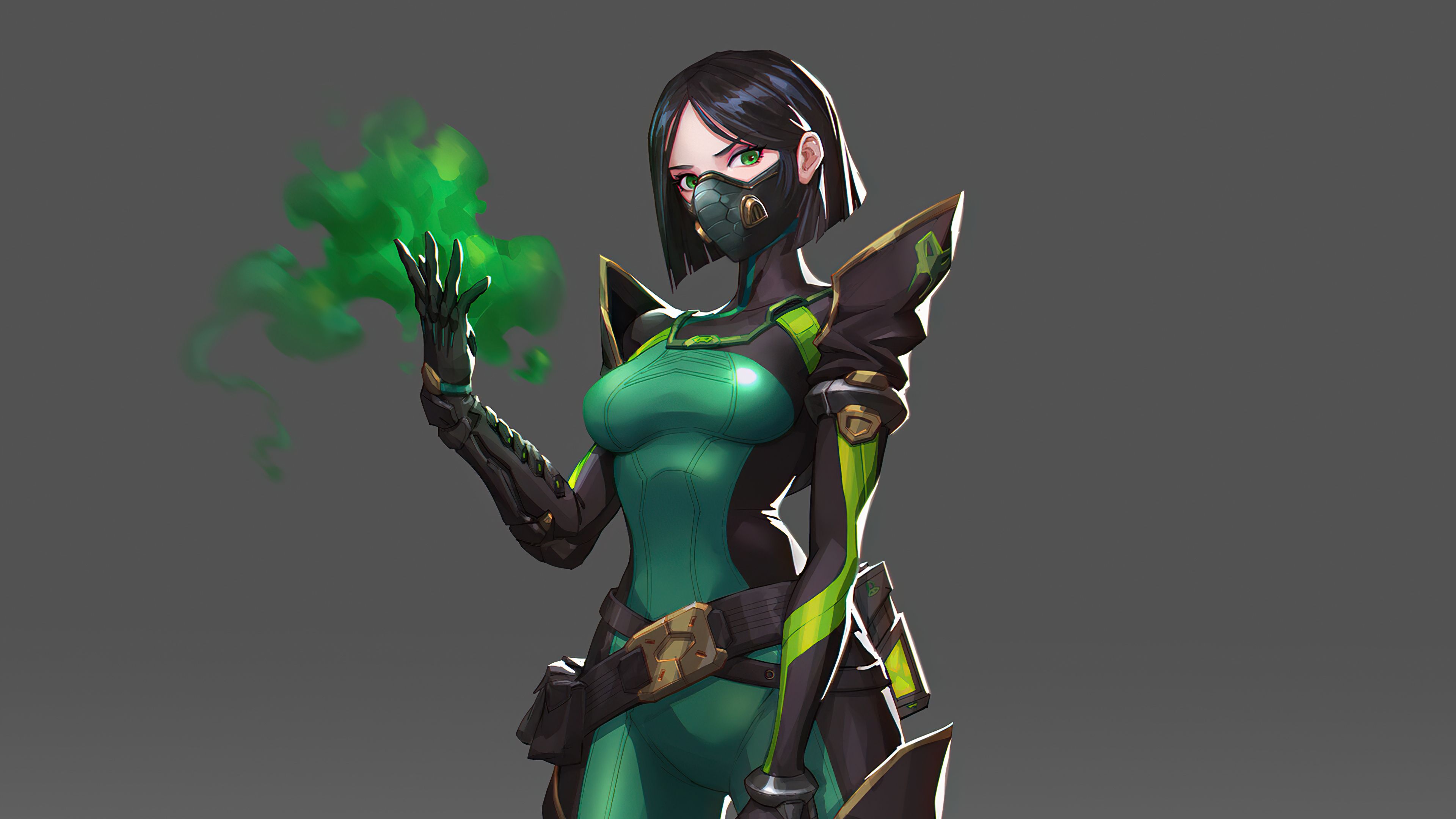 General 3840x2160 Valorant viper (valorant) simple background mask video game characters video games video game girls women short hair fantasy girl green green eyes digital art Riot Games black hair gray background