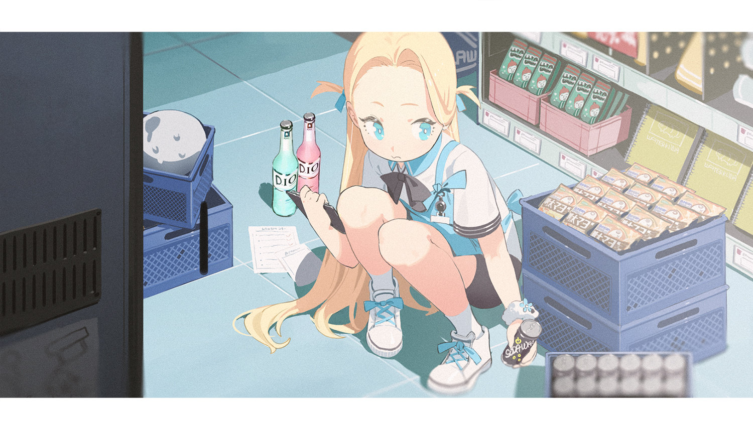 Anime 1500x855 Waterkuma Pixiv anime anime girls drink food blonde blue eyes