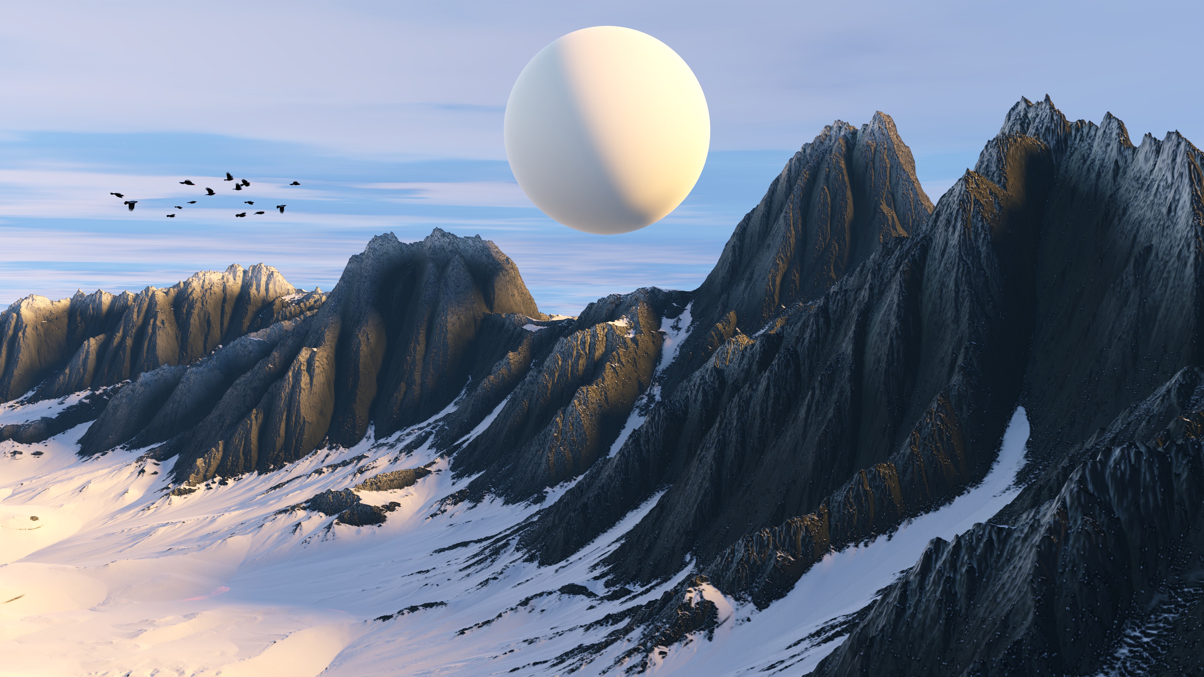General 3840x2160 digital art artwork illustration mountains landscape snow planet abstract CGI nature birds
