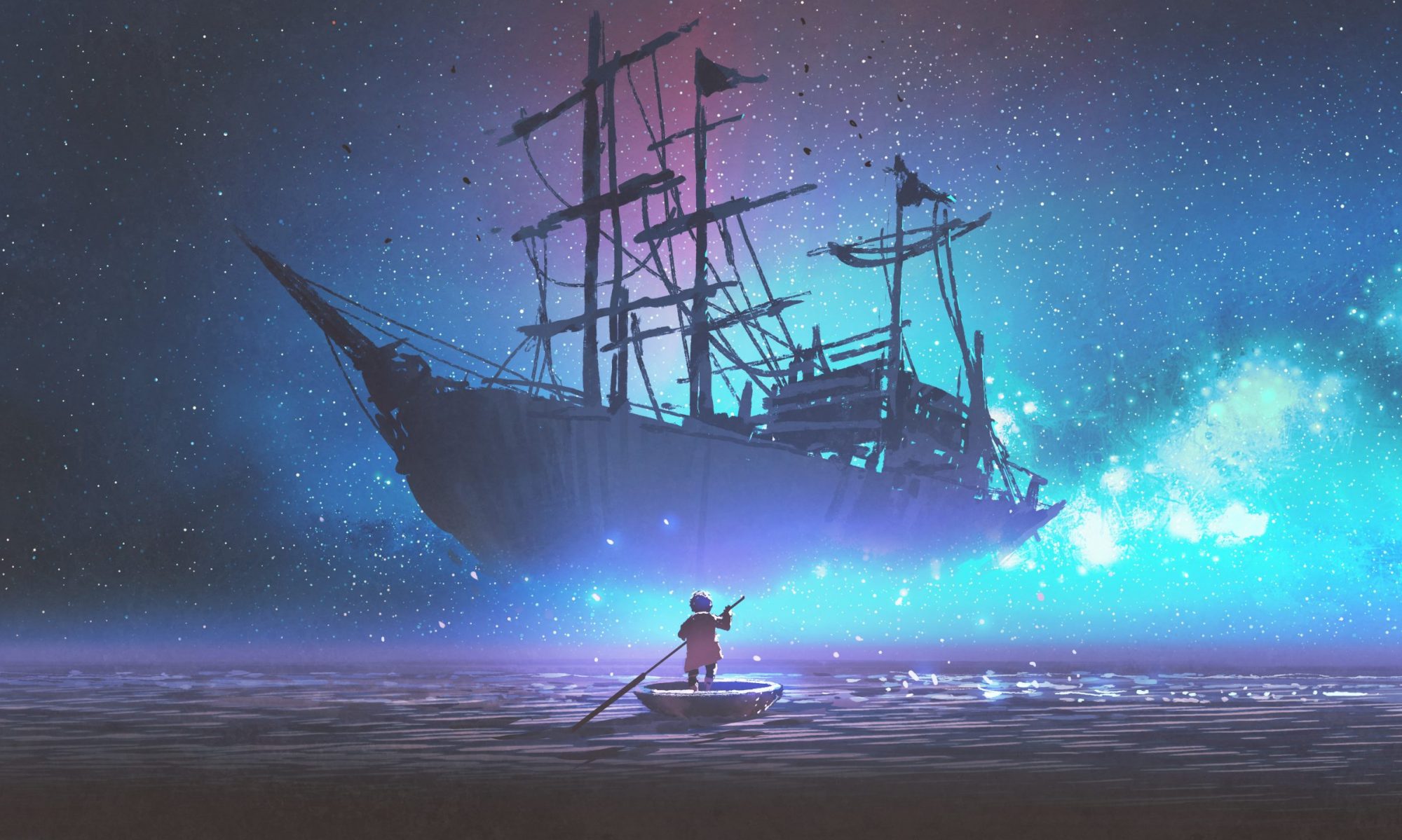 General 2000x1199 artwork fantasy art ship ghost ship stars cyan