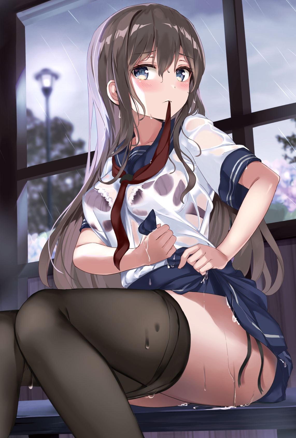 Anime 1142x1692 anime anime girls Monoto artwork dark hair long hair blue eyes blushing school uniform thigh-highs wet clothing rain curvy