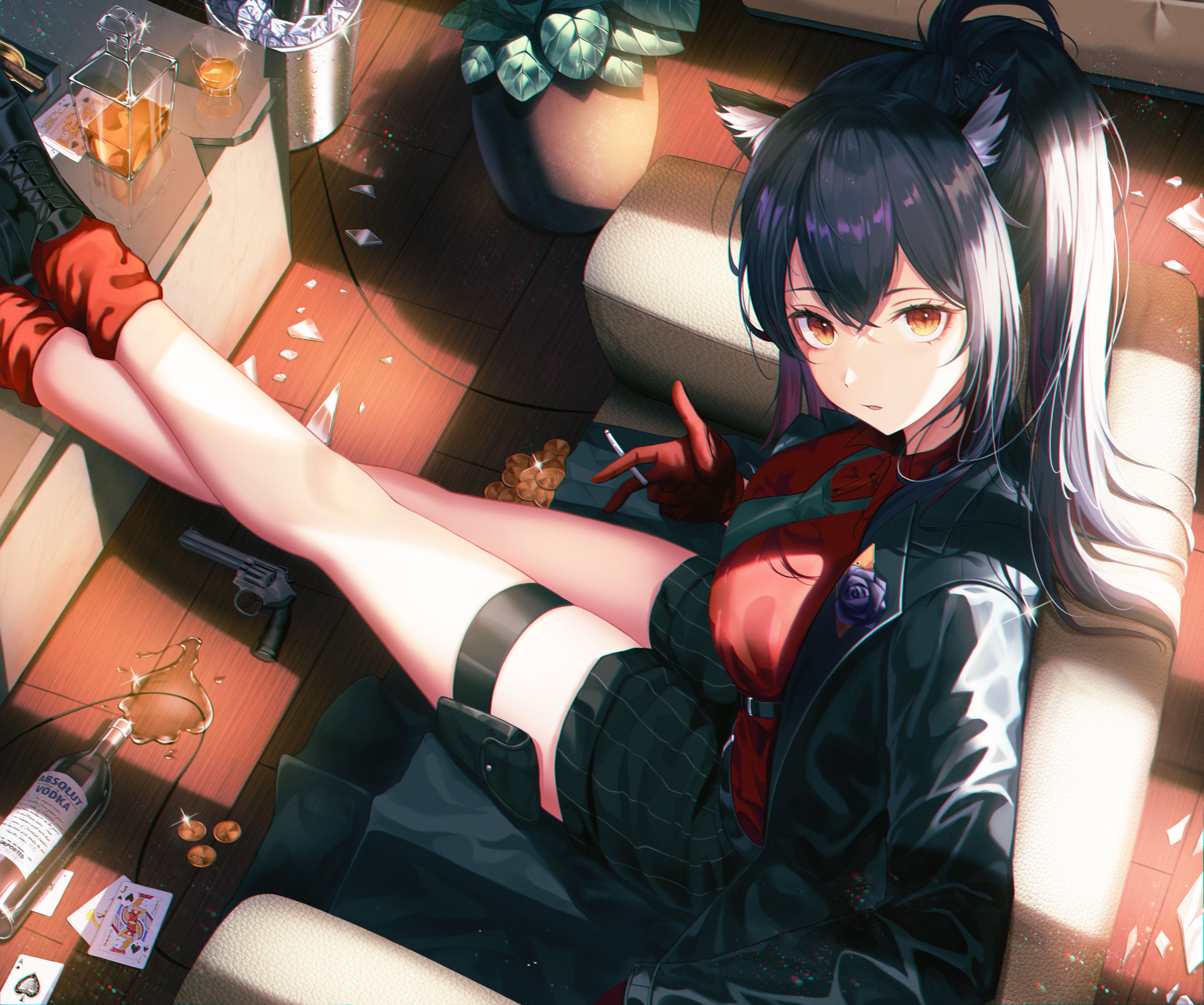 Anime 4096x3420 anime anime girls Arknights Texas (Arknights) animal ears Shaffelli wolf girls smoking cigarettes gun revolver high angle looking at viewer messy broken glass vodka spirits cards indoors women indoors women looking up legs jacket plants armchair