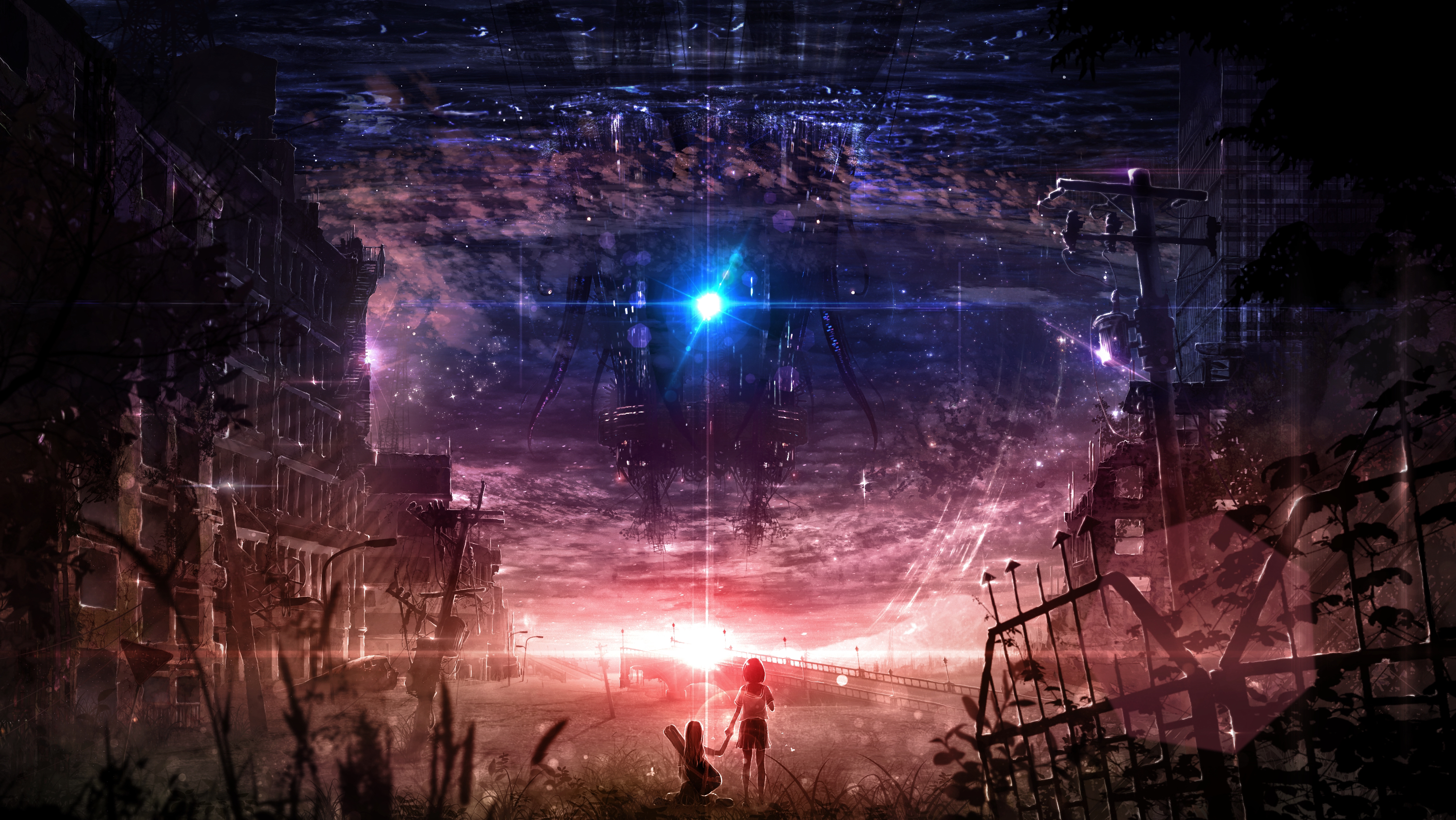 schoolgirl, science fiction, post apocalypse, sky, cityscape, artwork |  3000x1690 Wallpaper 