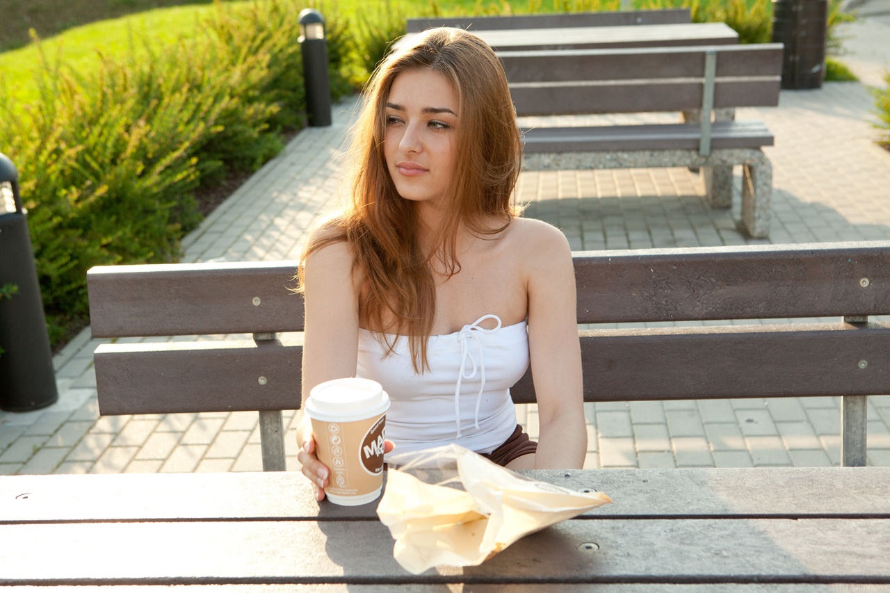 People 1280x853 women brunette long hair Adriana Morriss on bench MetArt coffee looking away white tops looking into the distance model women outdoors wooden table bare shoulders solo Caucasian closed mouth outdoors sitting