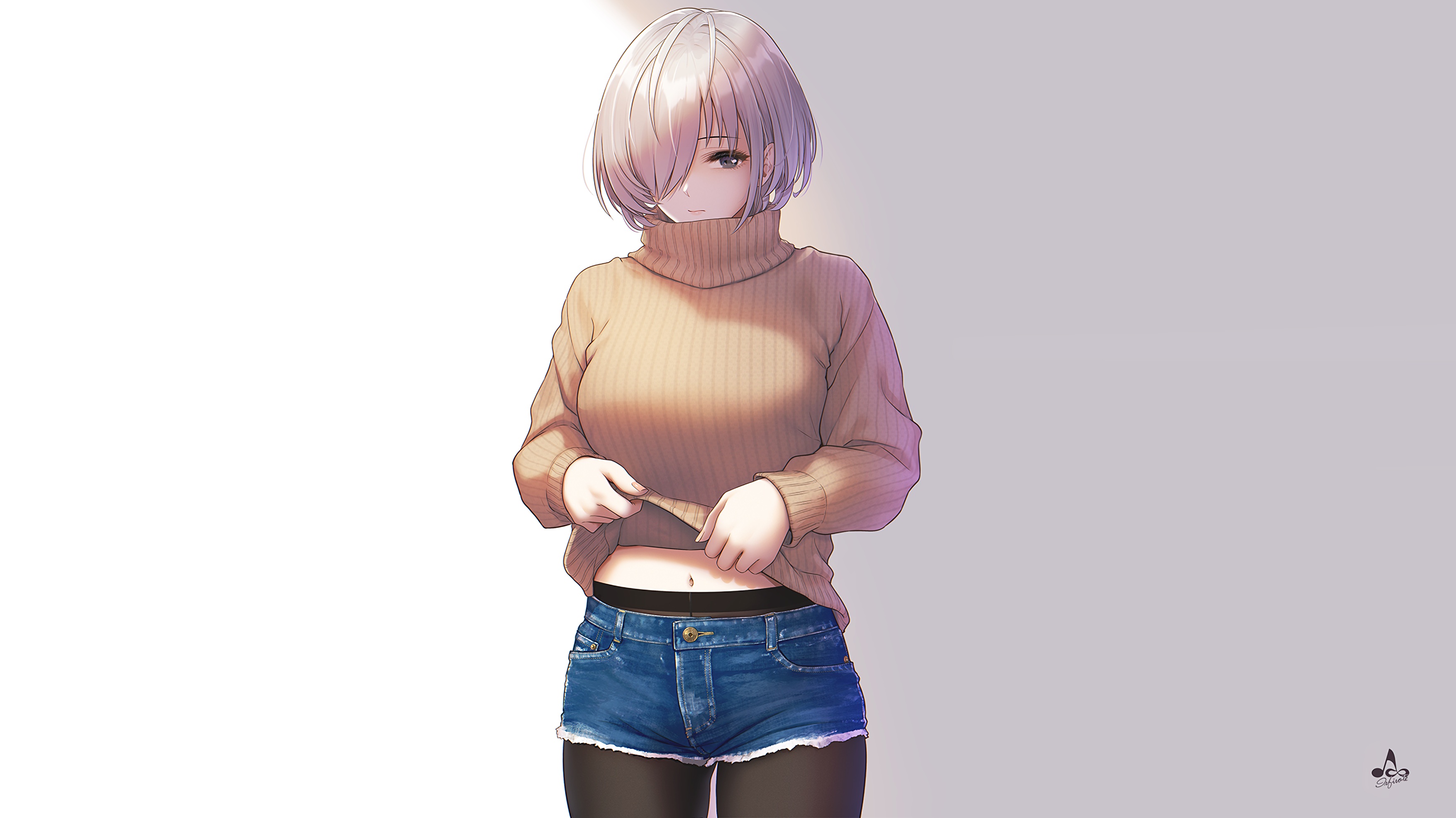 Anime 3510x1974 short hair white hair jean shorts belly button sweater pantyhose