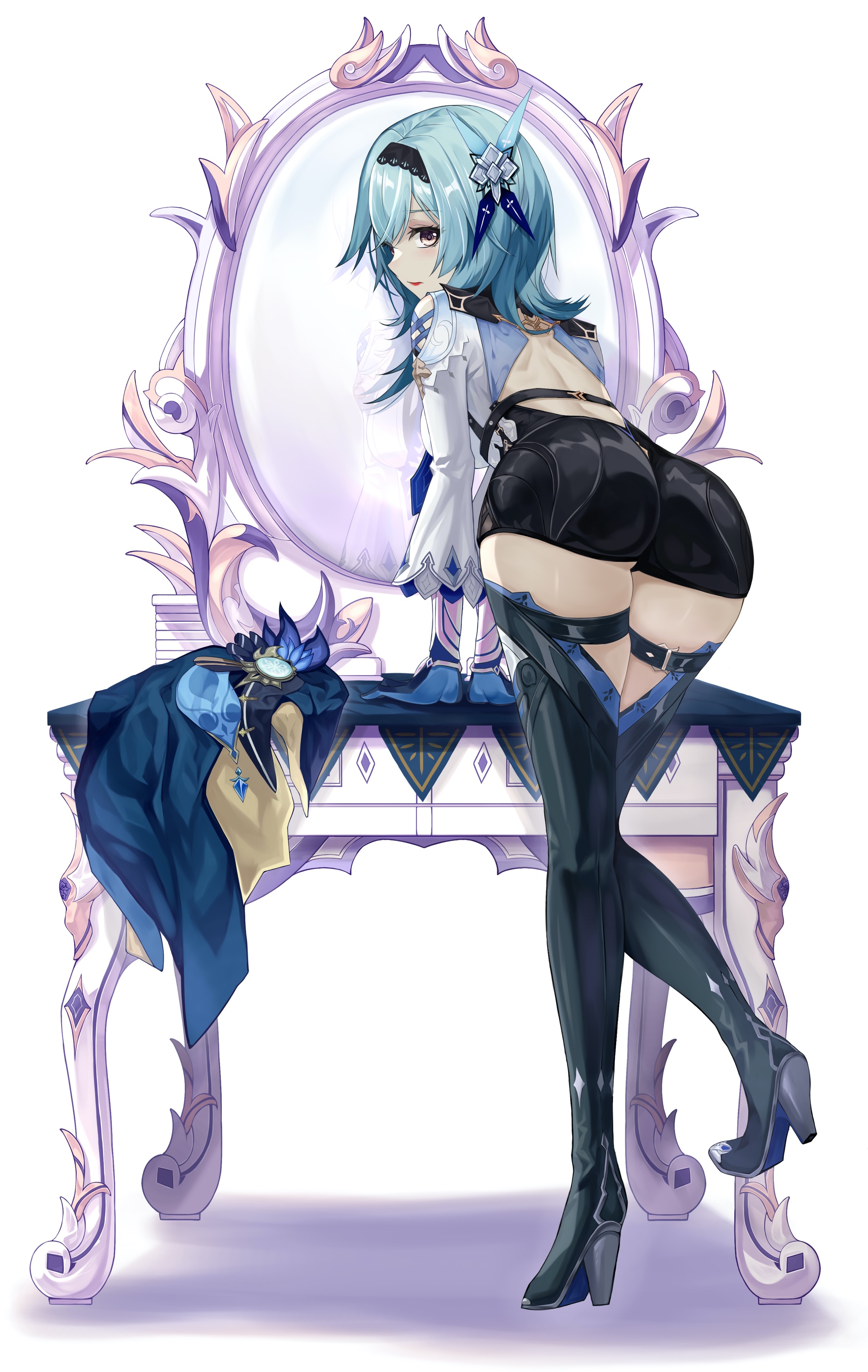 Anime 2215x3500 anime girls Genshin Impact Eula (Genshin Impact) blue hair ass bent over thigh high boots Chinese game