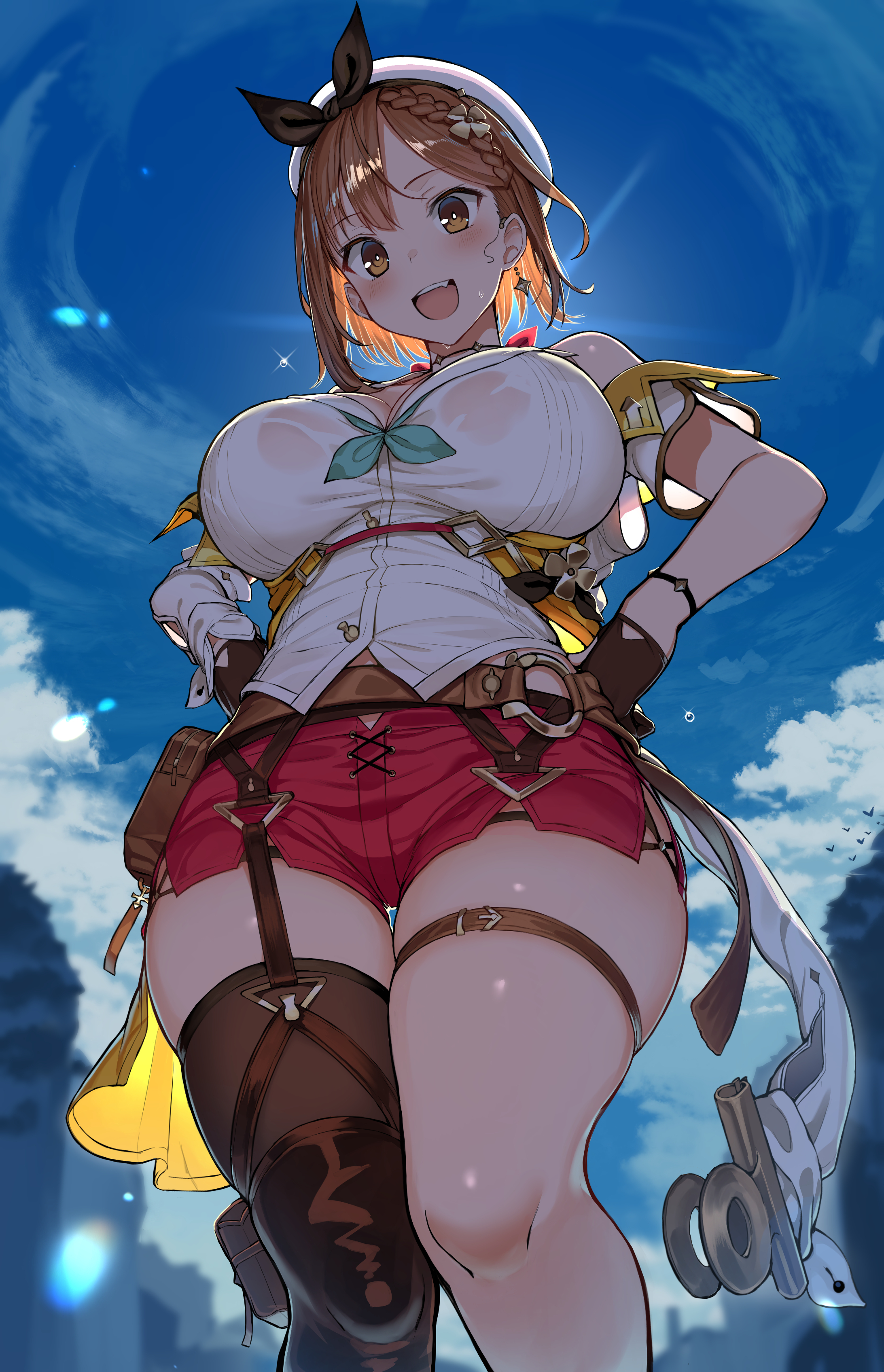 Anime 2185x3392 Atelier Ryza Atelier Ryza: Ever Darkness & the Secret Hideout video games fan art video game characters brunette shirt wet clothing sweat short shorts the gap wide hips curvy thigh strap straps thigh-highs sky low-angle 2D digital art illustration drawing Reisalin Stout