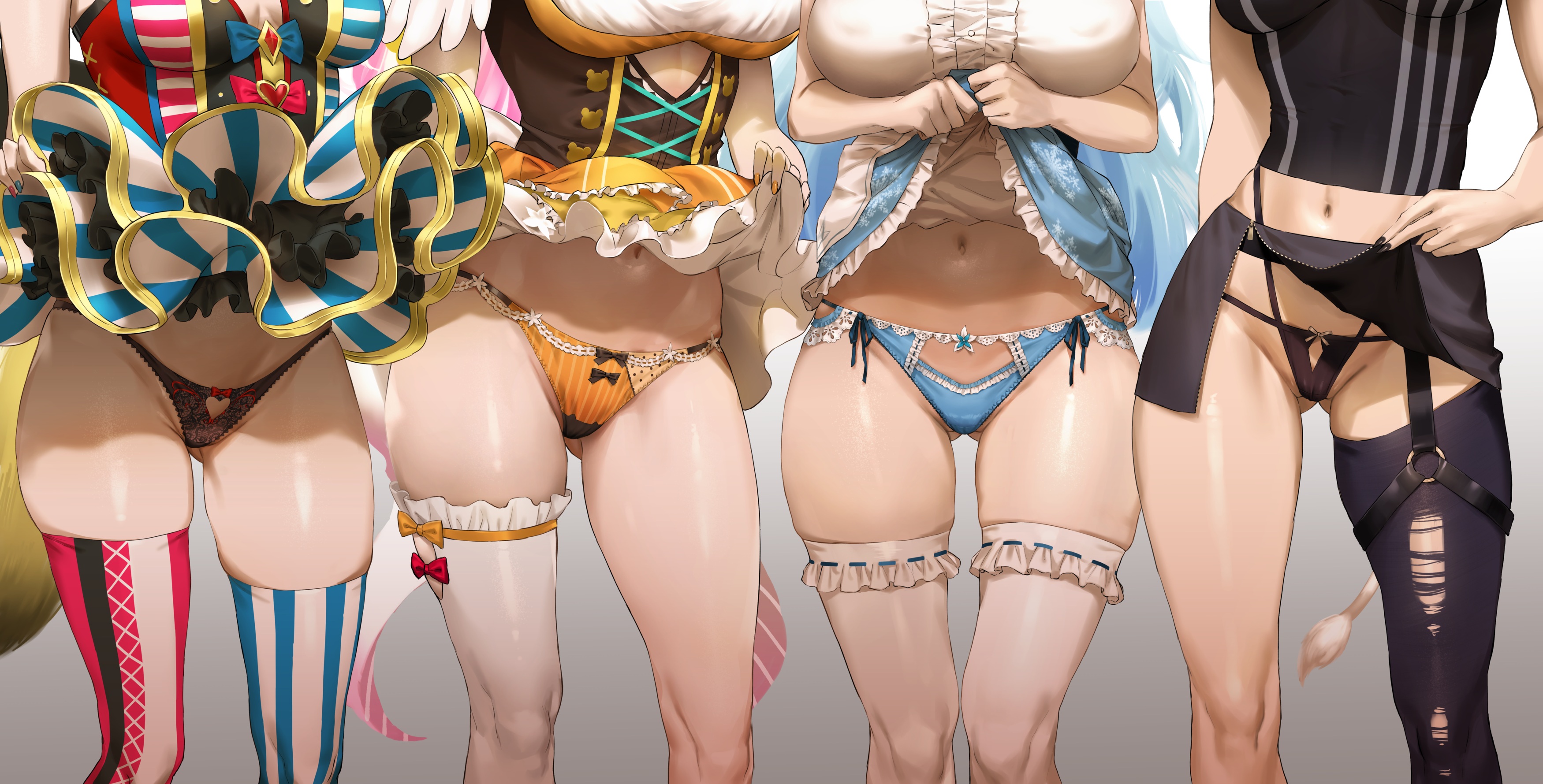 Anime 3500x1779 anime anime girls artwork panties thigh-highs lifting skirt Hololive Momosuzu Nene Omaru Polka Shishiro Botan Yukihana Lamy Virtual Youtuber Kuroi Suna flashing cameltoe missing sock