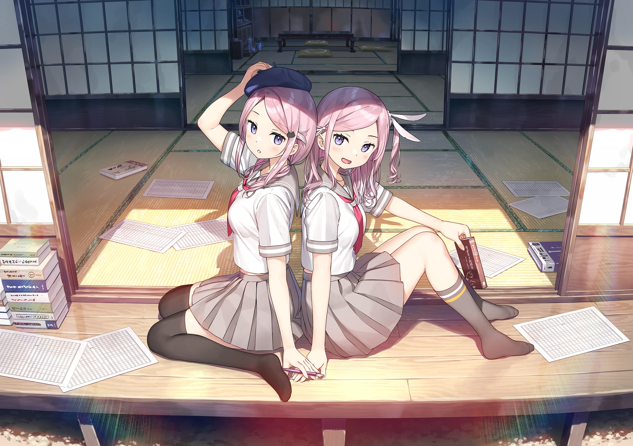 Anime 2200x1552 anime anime girls artwork Kantoku purple eyes pink hair twins school uniform