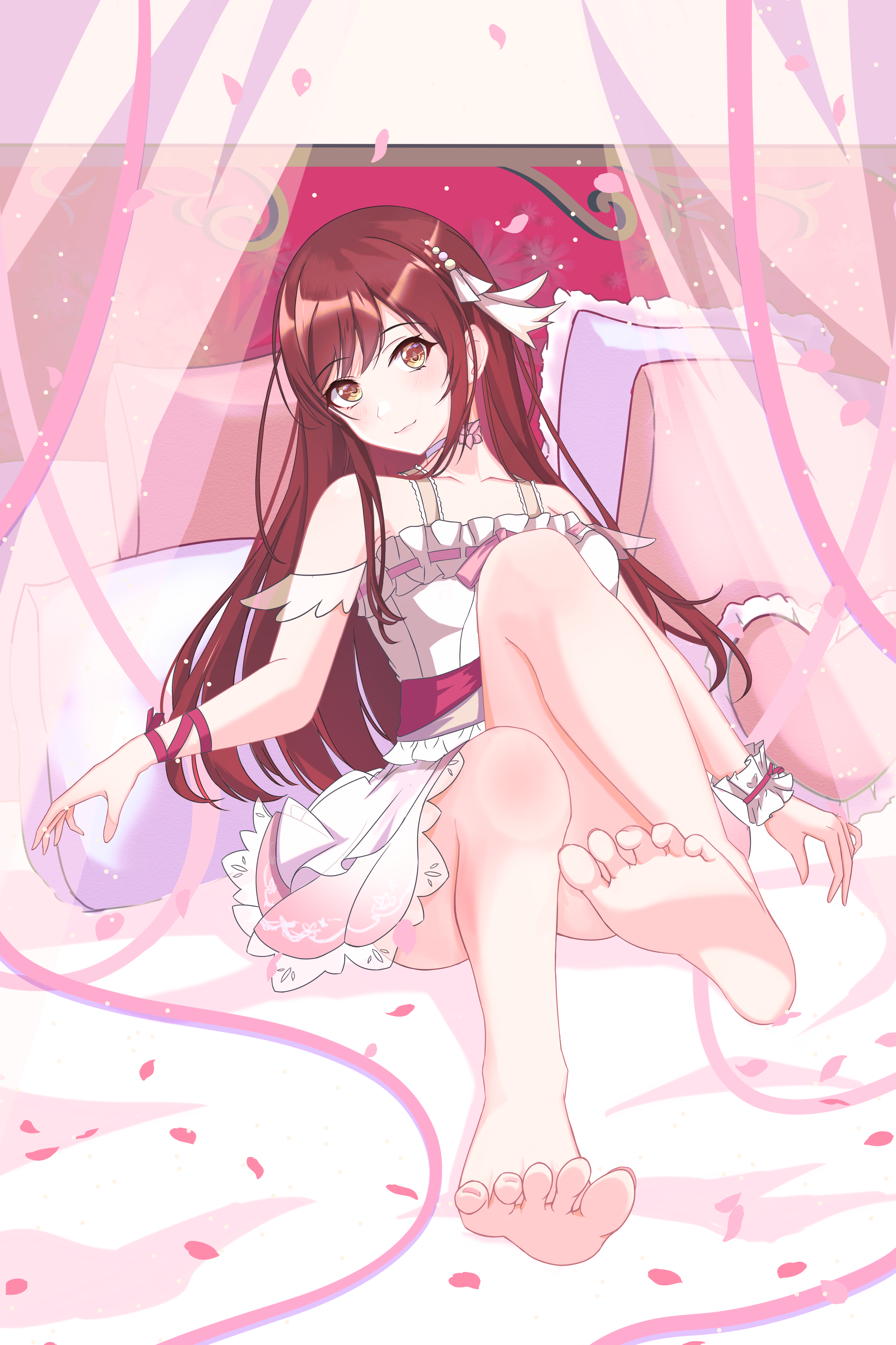 Anime 4000x6000 anime anime girls THE iDOLM@STER THE iDOLM@STER: Shiny Colors Oosaki Amana long hair brunette artwork digital art fan art feet barefoot bed toes blushing sitting looking at viewer foot sole