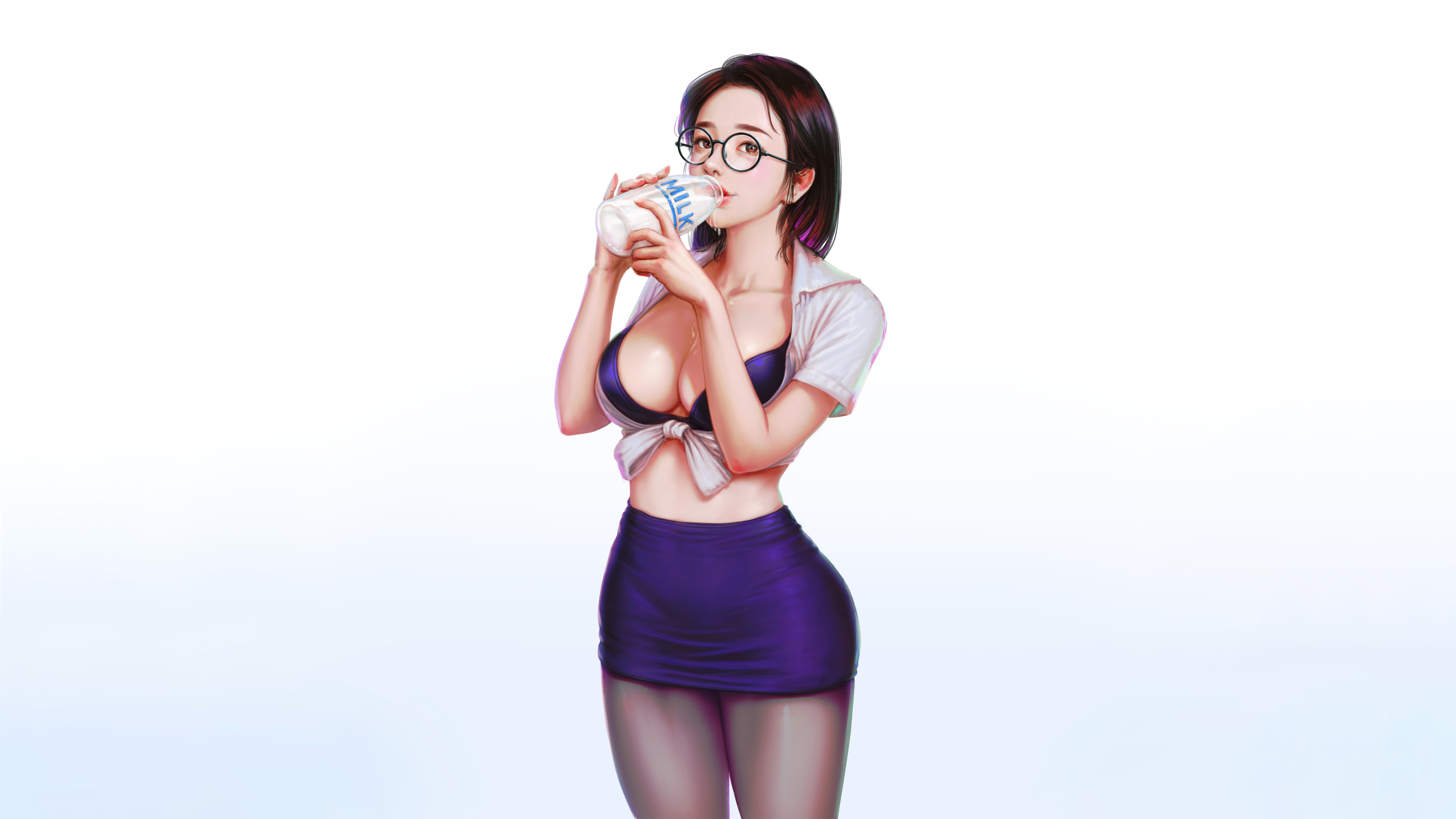 General 5504x3096 LightBox drawing women glasses milk drinking problems drinking skirt bra tied top simple background white background