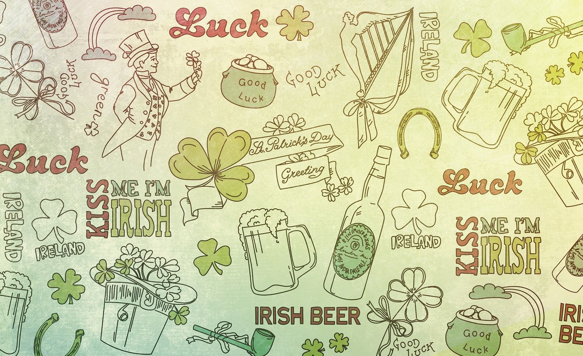 General 1920x1173 St. Patrick's Day clovers Irish  shamrock beer harp pipes good luck digital art simple background