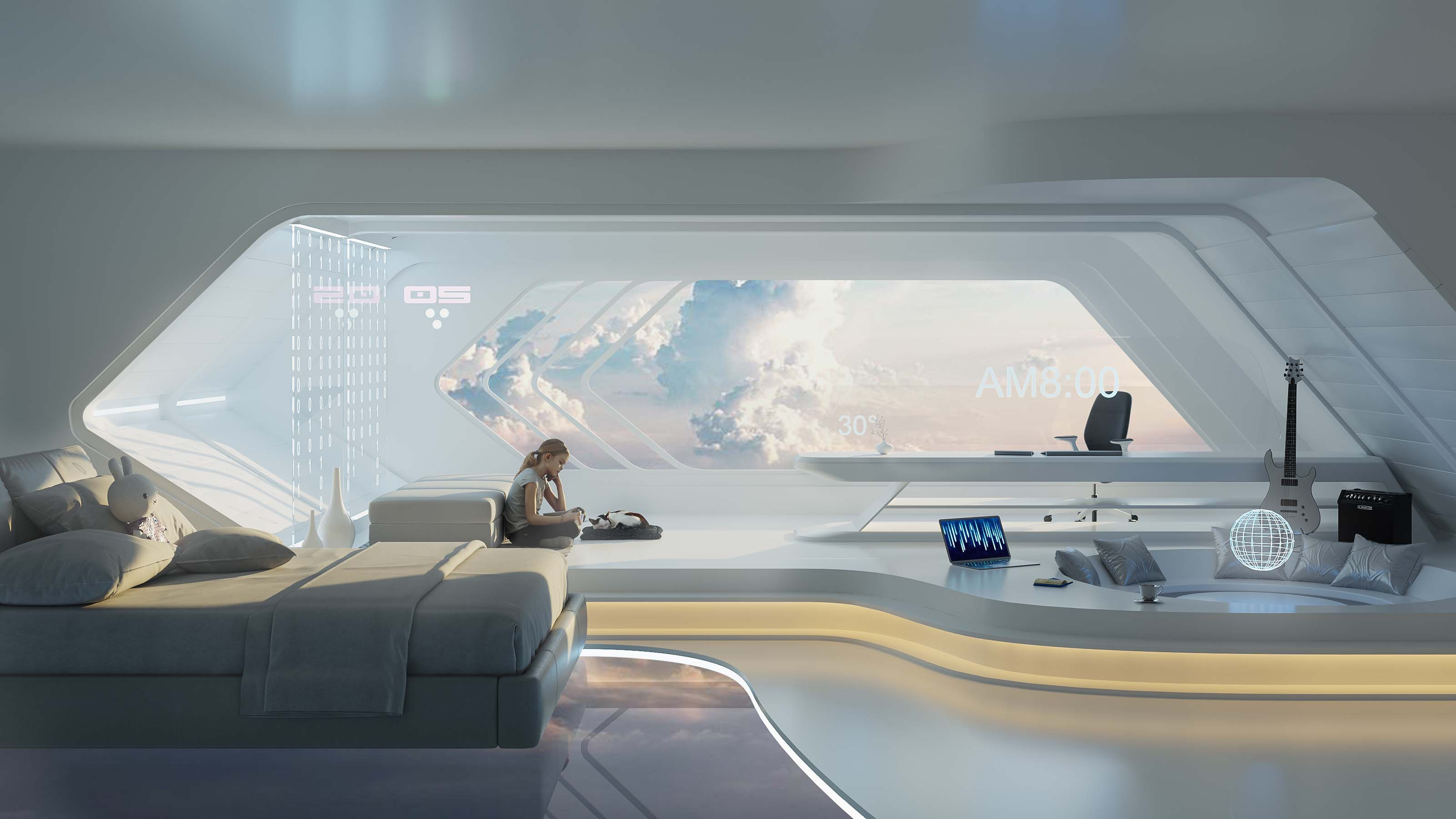General 3200x1801 digital art futuristic cyberpunk bedroom