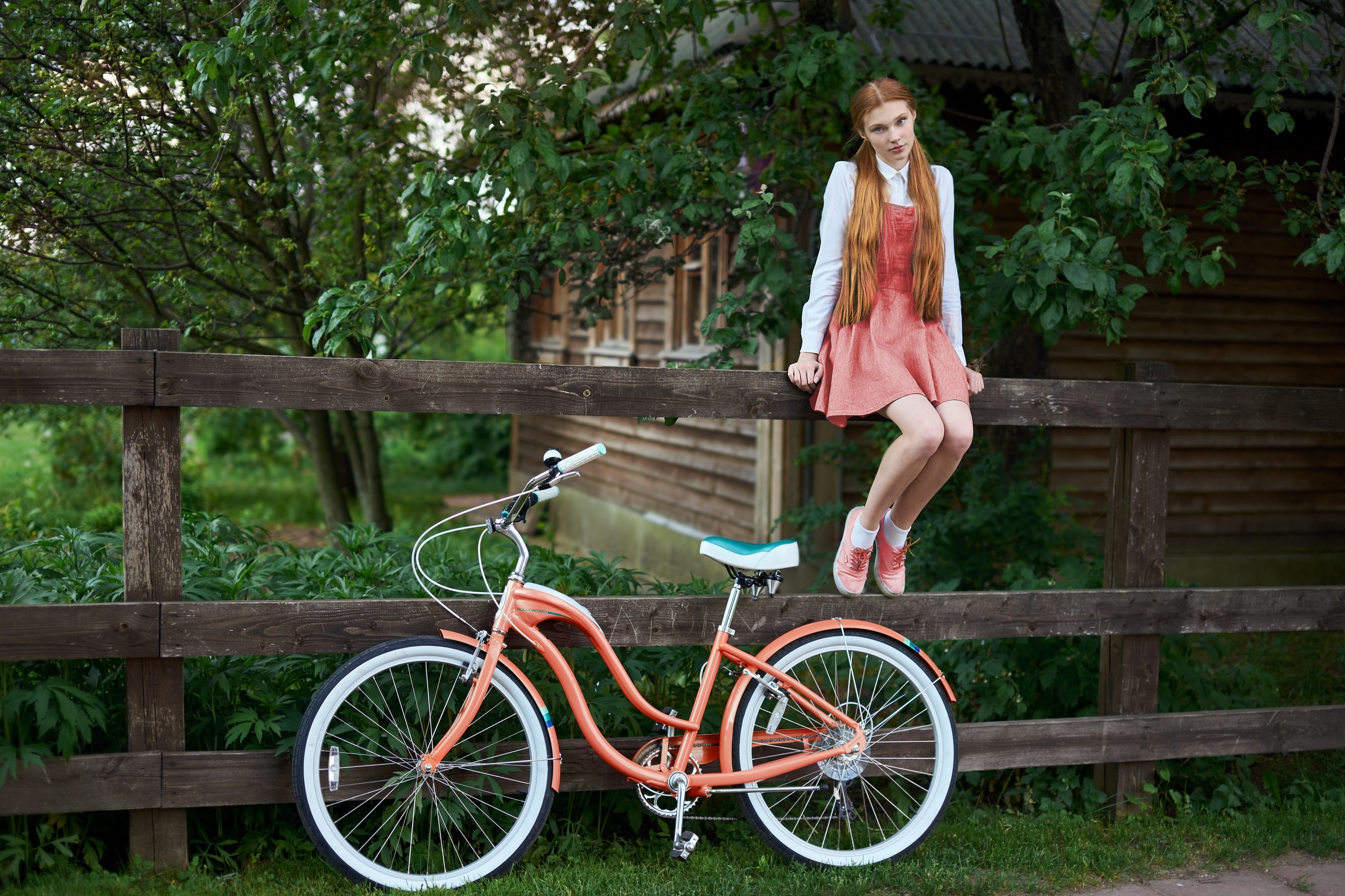 People 2560x1706 Alexander Vinogradov women model redhead women outdoors shirt dress sitting bicycle trees cottage sneakers pink dress socks plants fence Daria Milky