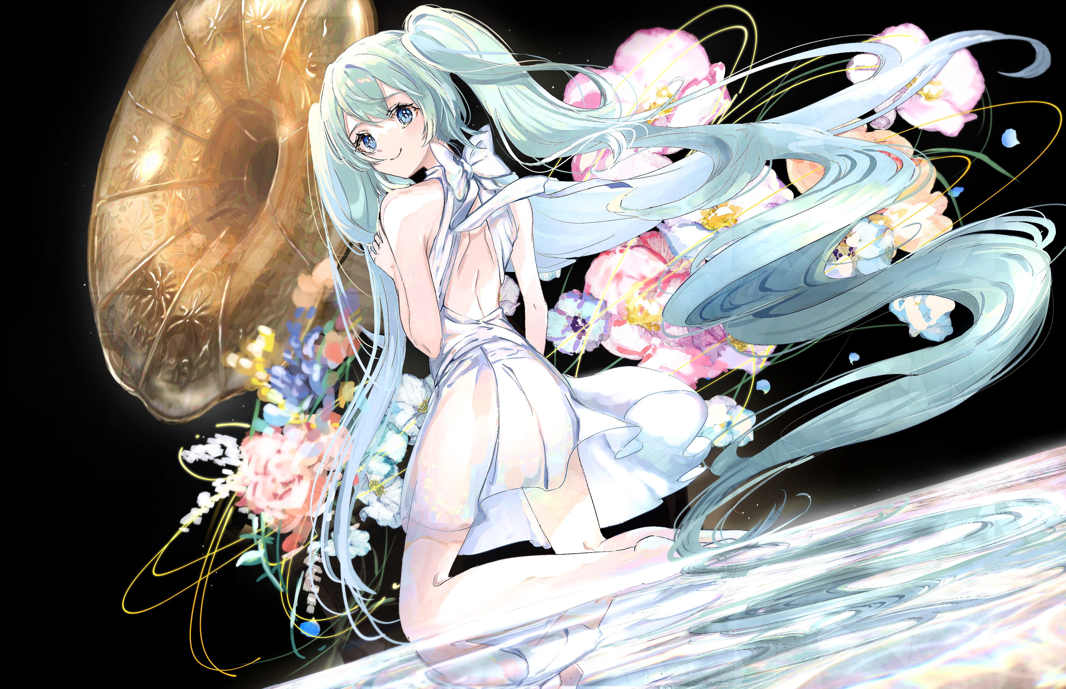 Anime 4043x2615 anime anime girls cyan hair smiling long hair blue eyes kneeling flowers black background looking over shoulder