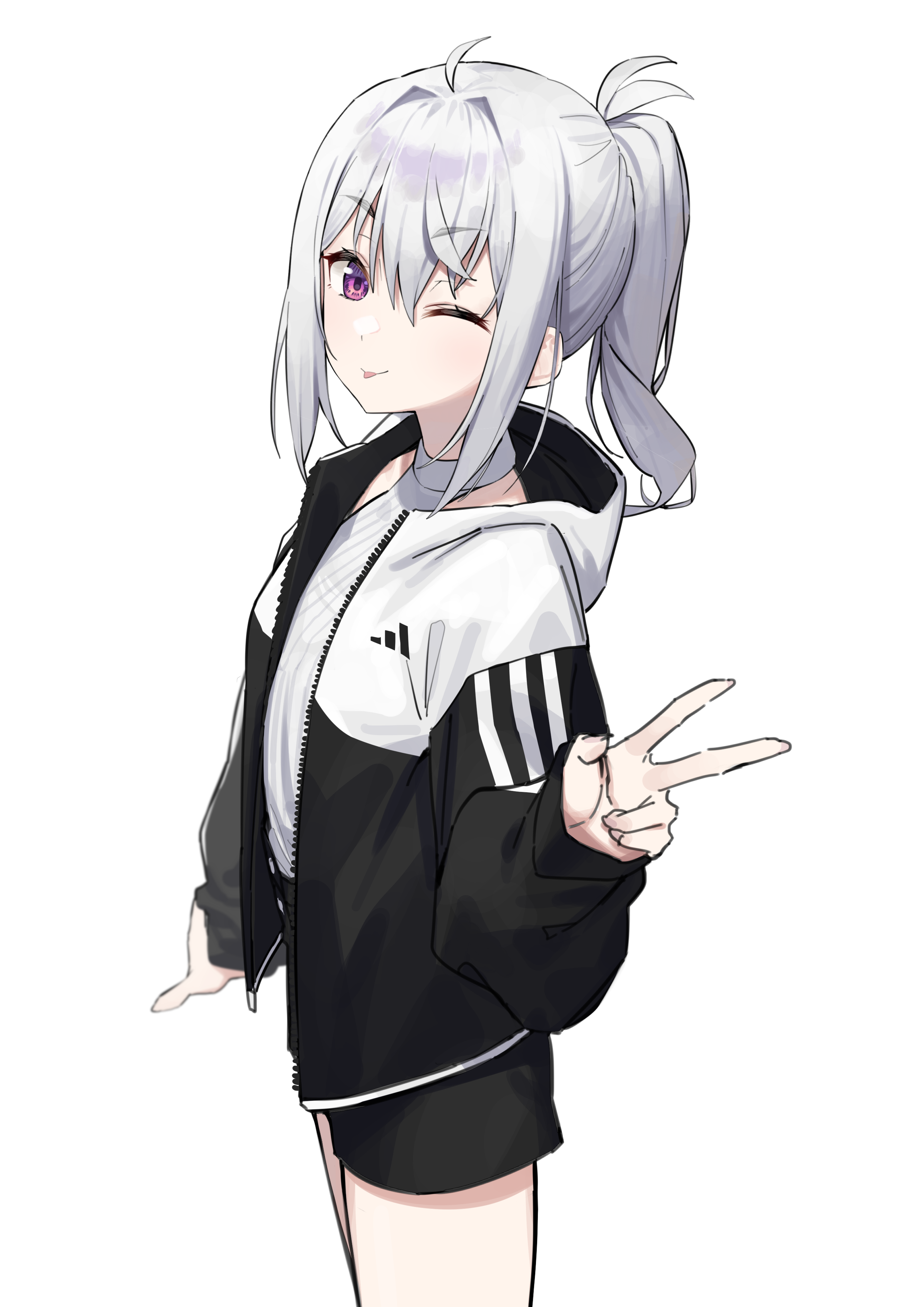 Anime 2894x4093 looking at viewer digital art anime anime girls peace sign silver hair wink purple eyes shorts white background jacket