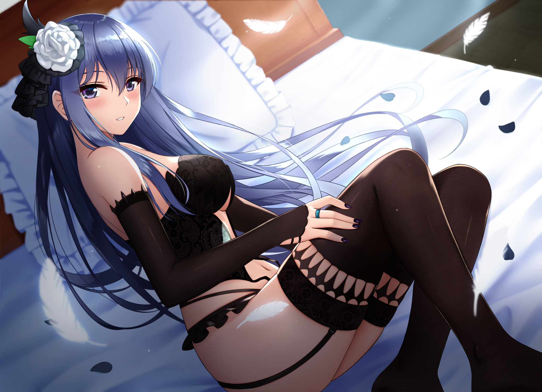Anime 2075x1500 anime anime girls RKO artwork in bed long hair blue hair lingerie thigh-highs