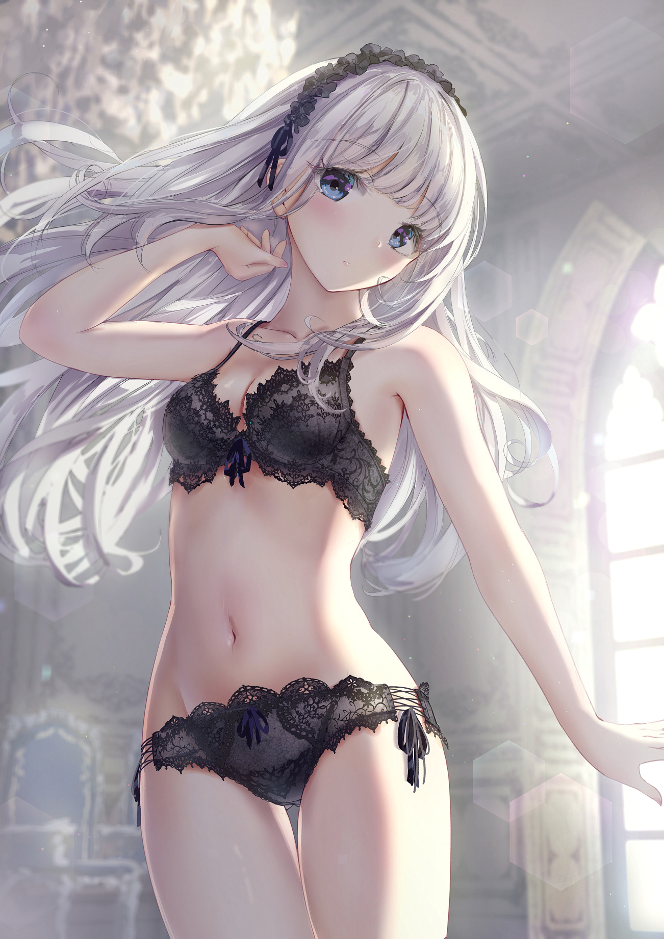 Anime 1302x1842 anime girls anime digital art 2D ecchi looking at viewer belly belly button underwear silver hair blue eyes artwork missile228