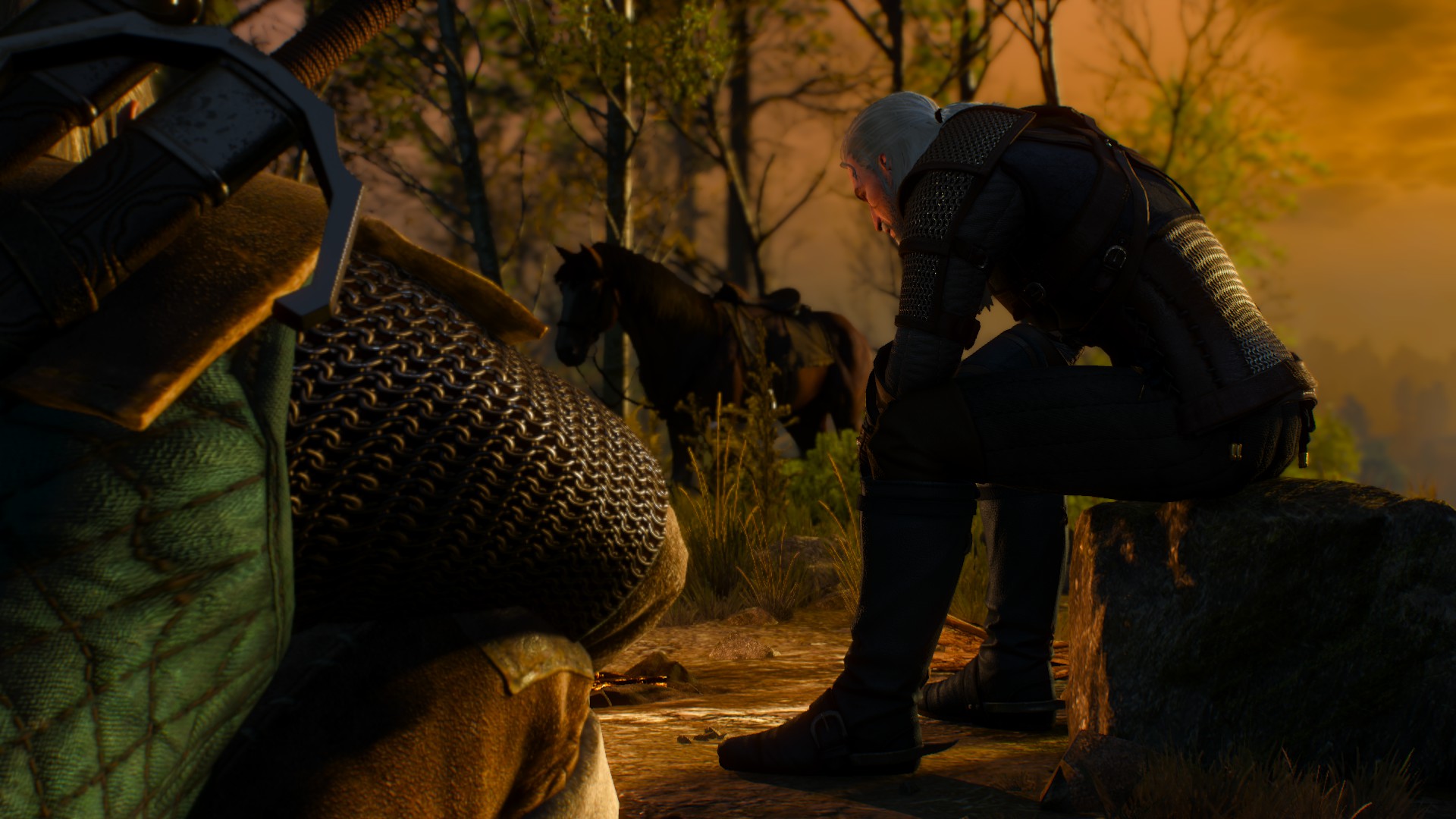 General 1920x1080 The Witcher 3: Wild Hunt Geralt of Rivia Roach Vesemir CD Projekt RED Book characters sitting video game characters CGI video games leaning video game art screen shot horse animals trees video game men sword