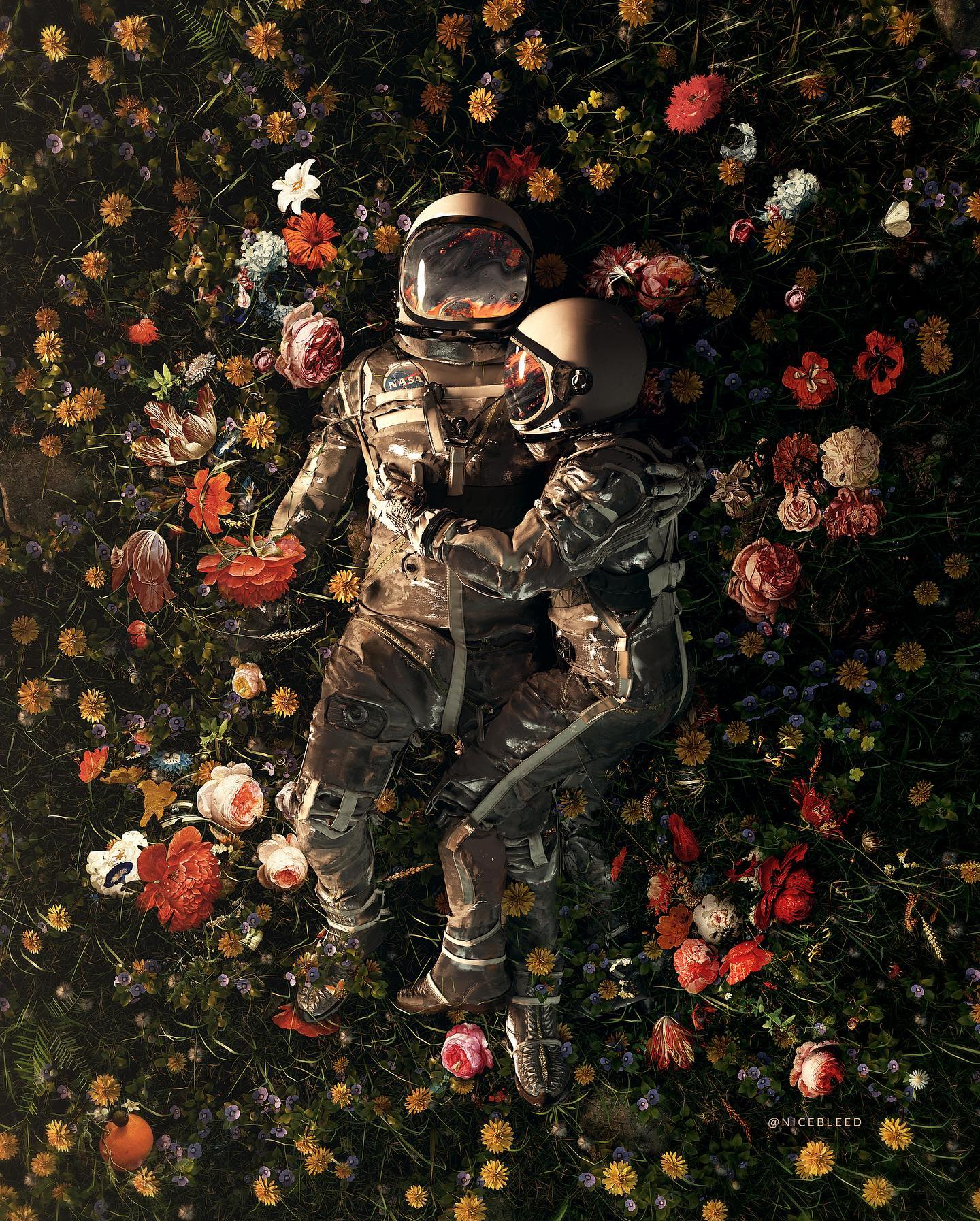 General 1440x1794 artwork astronaut digital art field couple flowers spacesuit