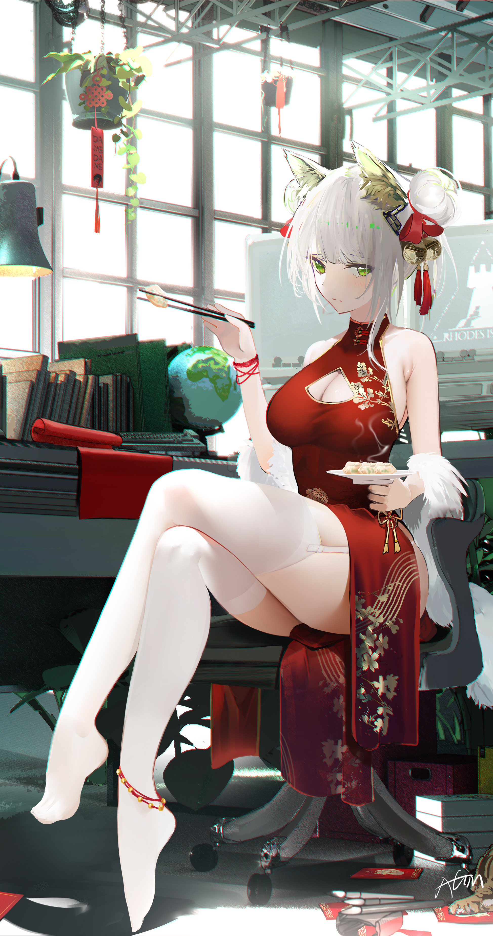 Anime 1948x3697 Omone Hokoma Agm cropped Arknights animal ears white hair green eyes chinese dress thigh-highs artwork anime Kal'tsit (Arknights) anime girls sitting portrait display short hair looking at viewer cleavage sideboob big boobs cleavage cutout chopsticks hair ornament fox ears fox girl white stockings stockings garter straps skindentation signature pointed toes hairbun closed mouth