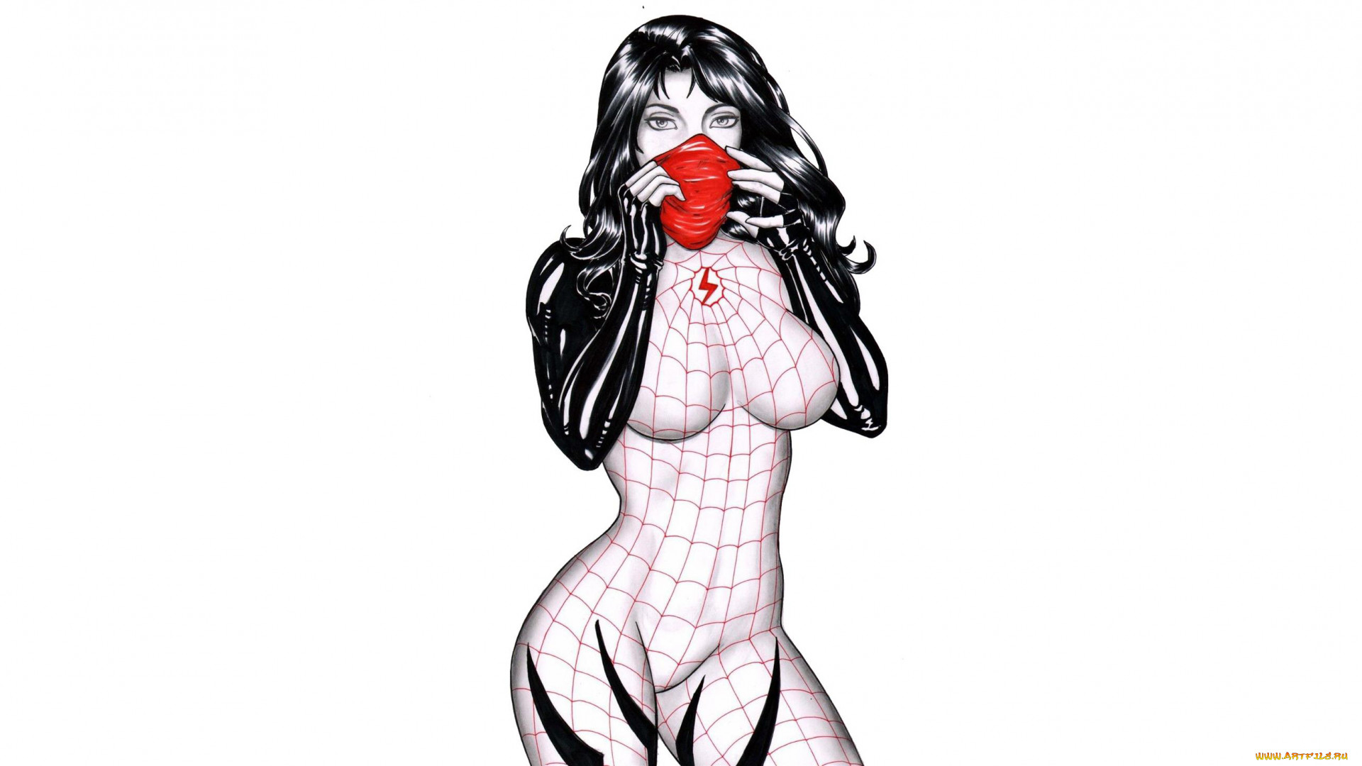 General 1920x1080 artwork women fantasy girl simple background white background boobs big boobs standing looking at viewer mask Silk (Marvel character) Spider-Man