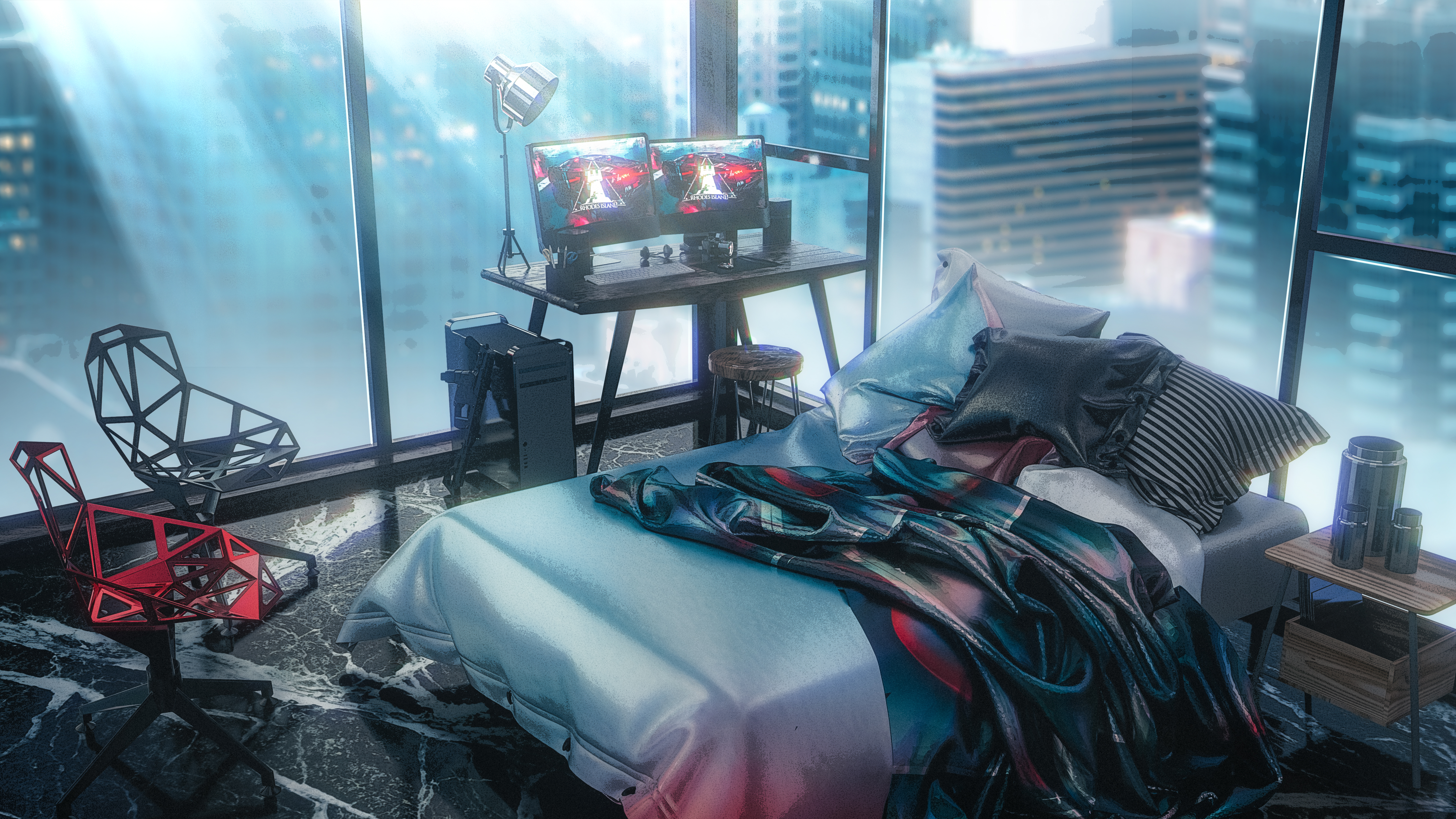 Anime 5000x2812 Arknights Seymour anime Pixiv indoors interior bed computer weapon chair monitor window