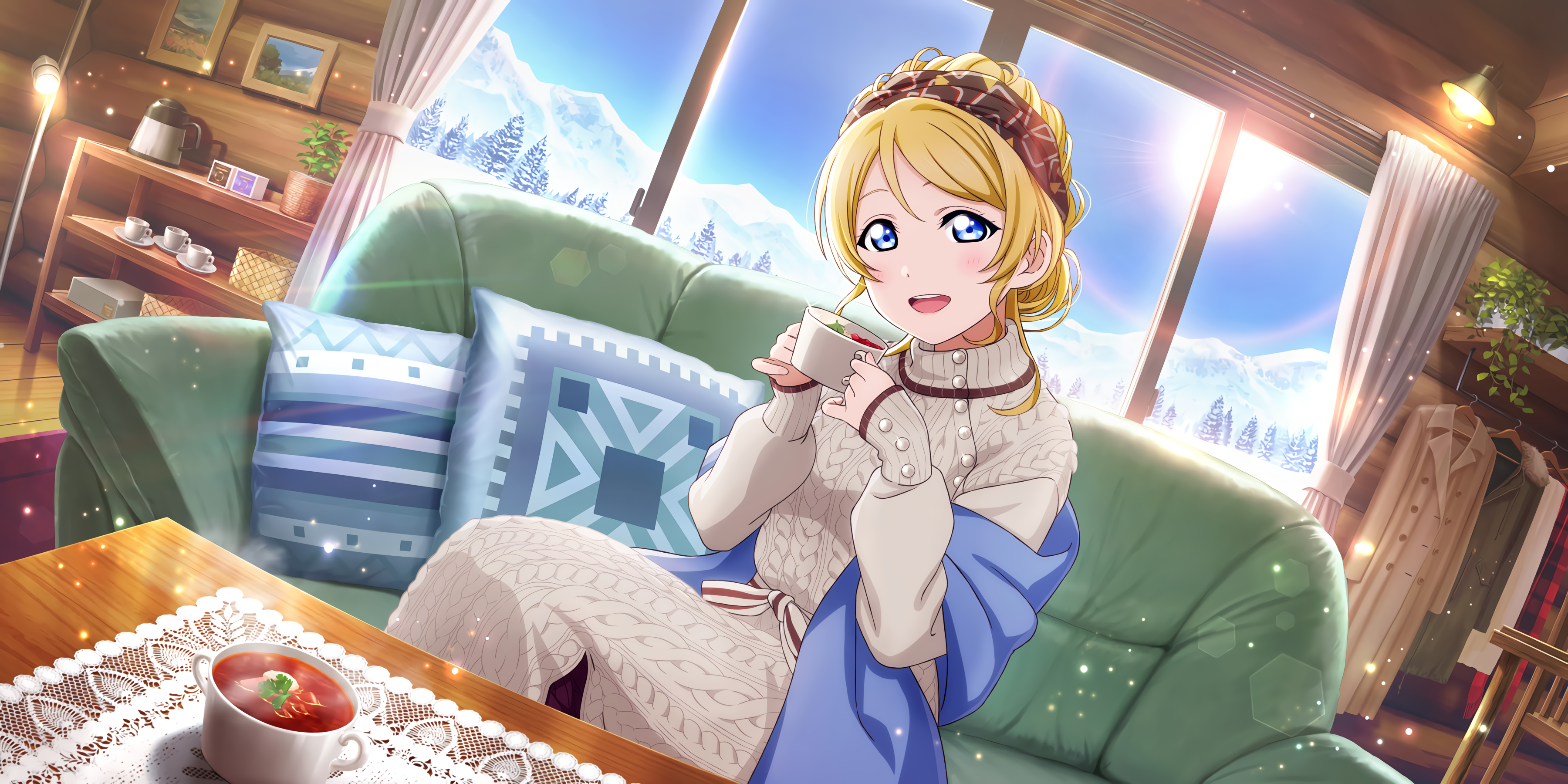 Anime 3600x1800 Ayase Eli Love Live! anime girls anime cup blonde women indoors indoors sitting looking at viewer soup food green couch couch