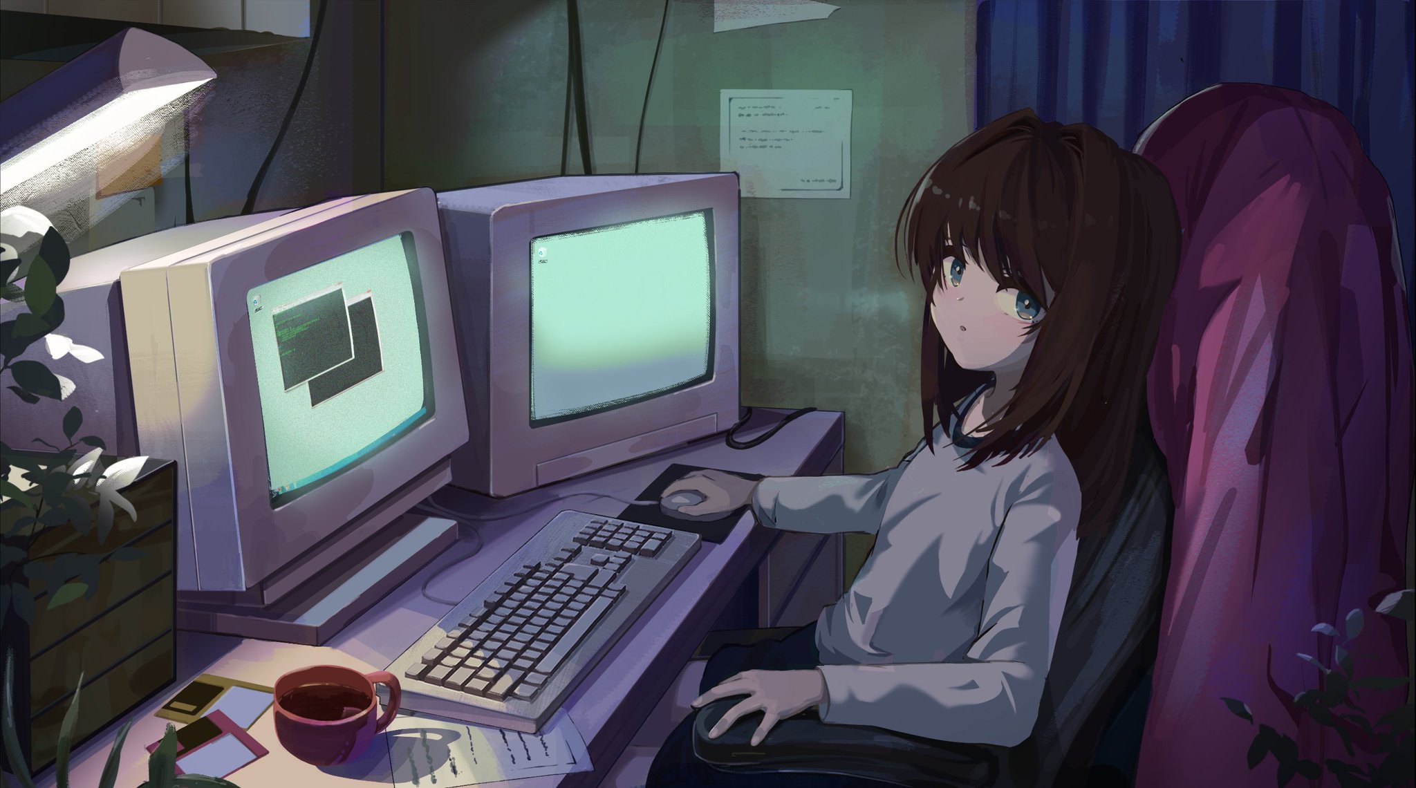 Anime 2048x1140 anime anime girls CRT floppy disk vintage computer KGT