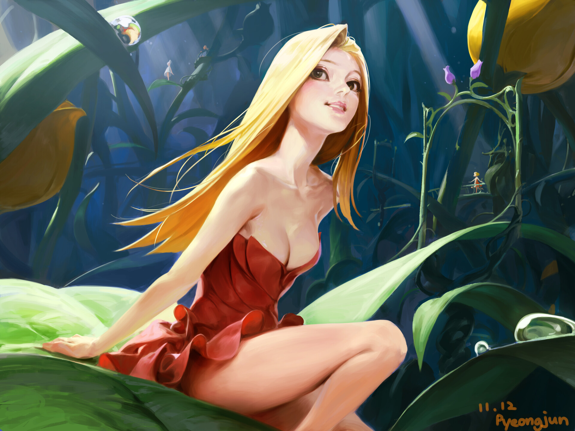 General 1920x1440 Park Pyeongjun fantasy art fantasy girl blonde artwork dress red dress long hair plants leaves red clothing thighs looking into the distance sitting