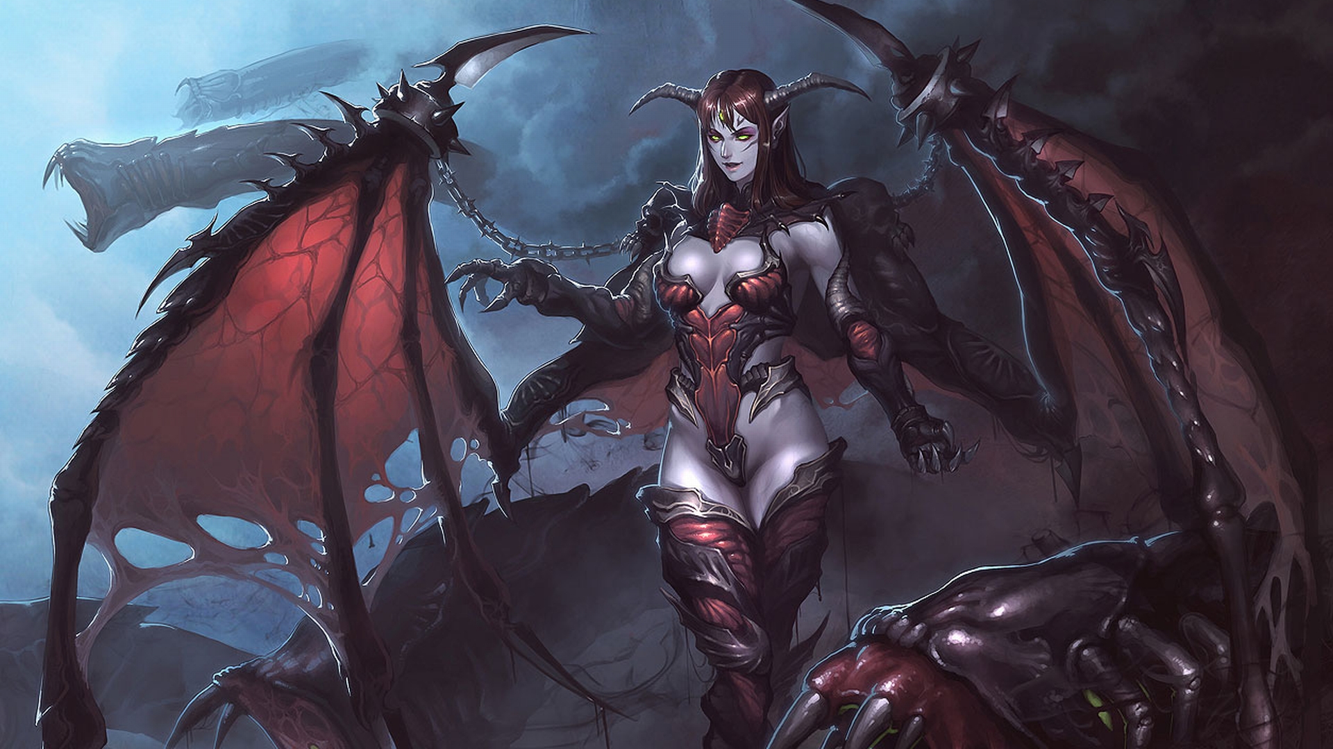 General 1920x1079 demon wings monster girl demon girls horns red dark creature digital art