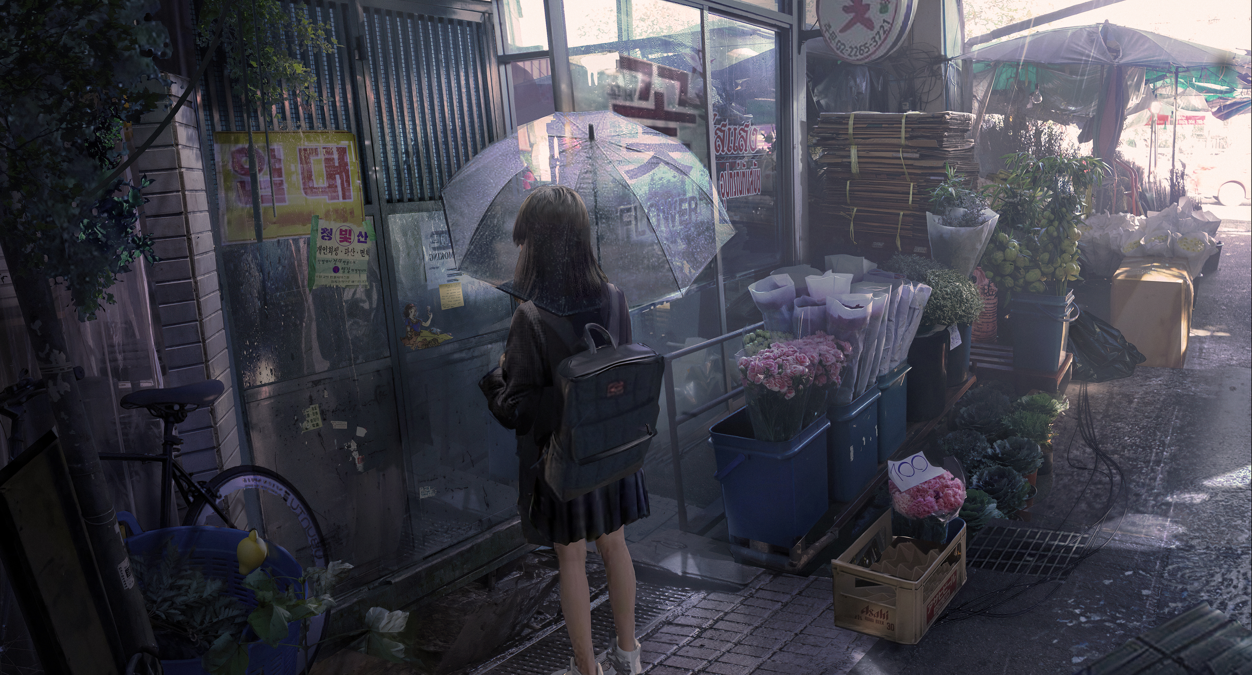 General 4006x2160 artwork rain flower shop umbrella backpacks anime girls school uniform Butter Squid