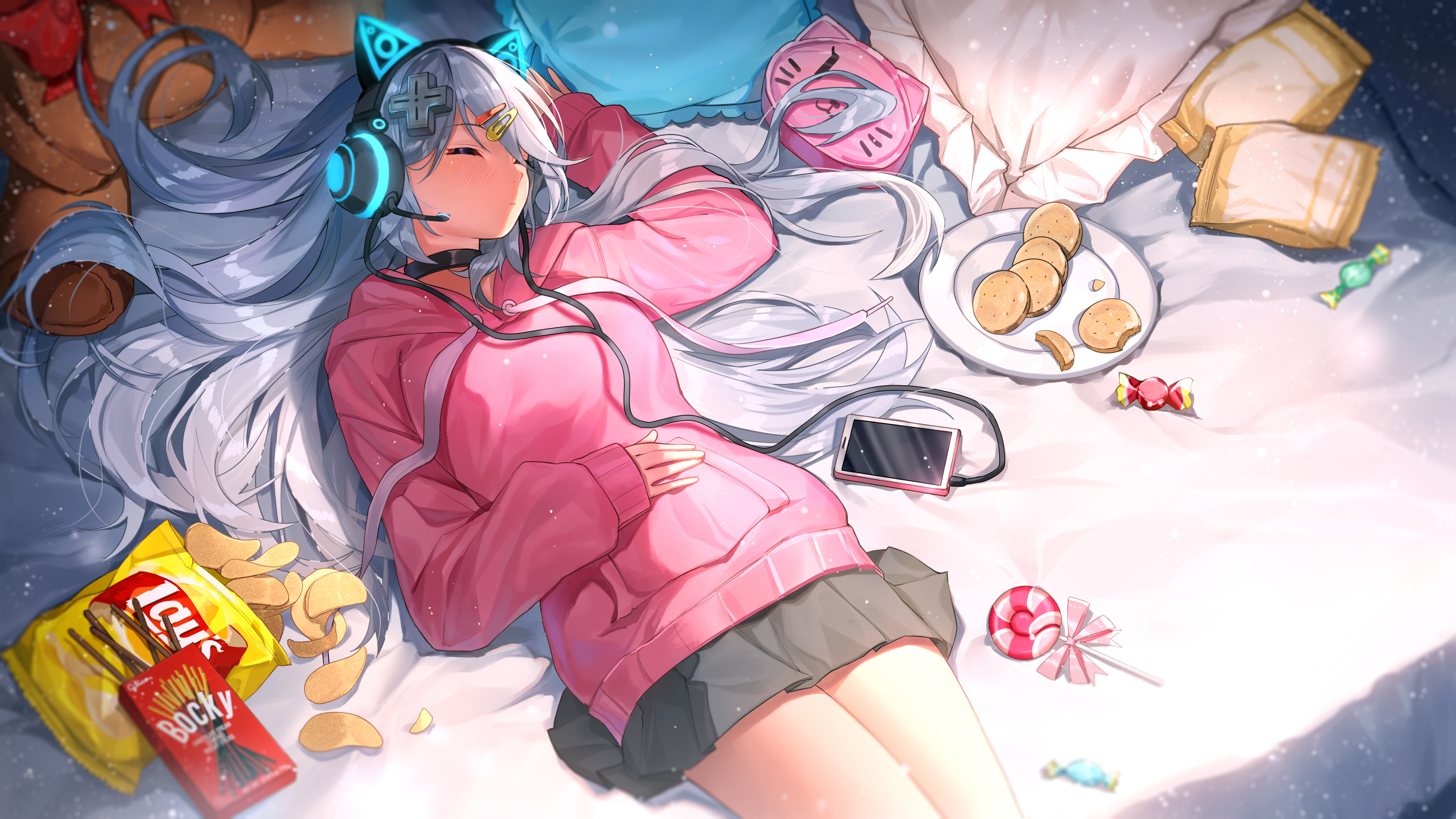 Anime 4000x2249 anime girls in bed lying down headphones chips long hair Virtual Youtuber Ihachisu