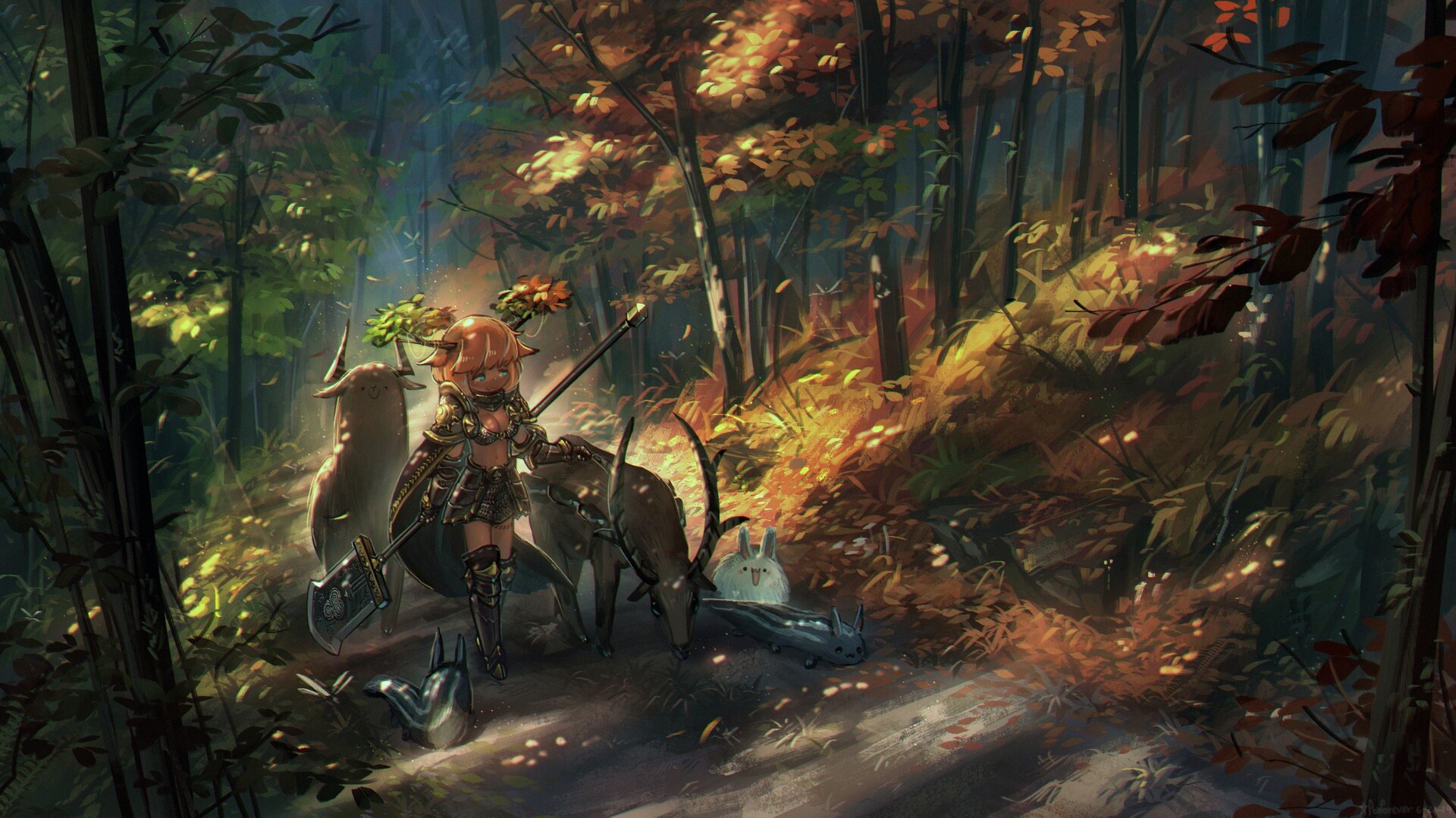 Anime 1920x1080 digital art fantasy art Porforever forest deer fantasy weapon antlers fantasy armor