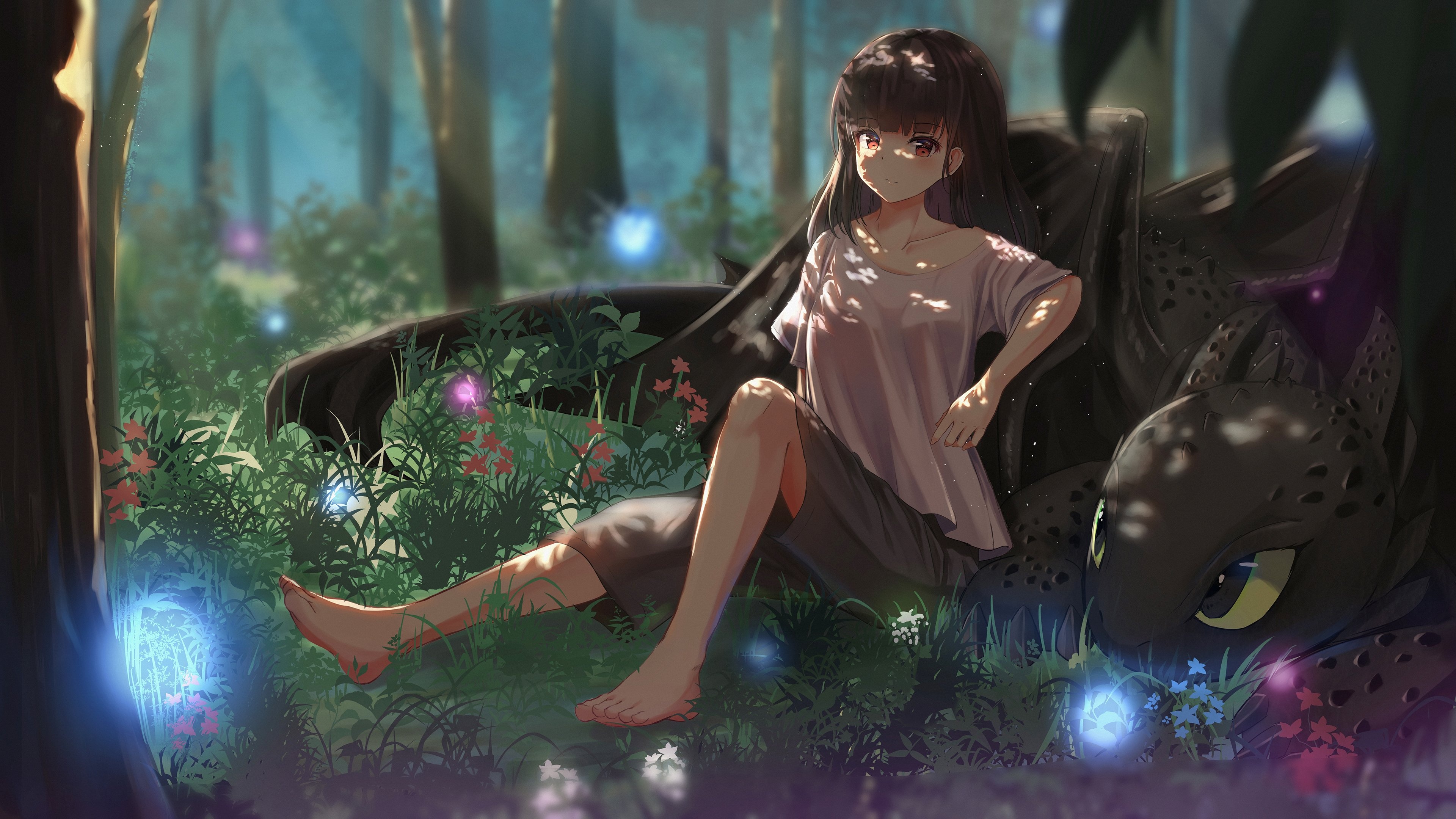 Anime 3840x2160 grass trees dragon anime girls brunette T-shirt shorts barefoot sitting How to Train Your Dragon Septet
