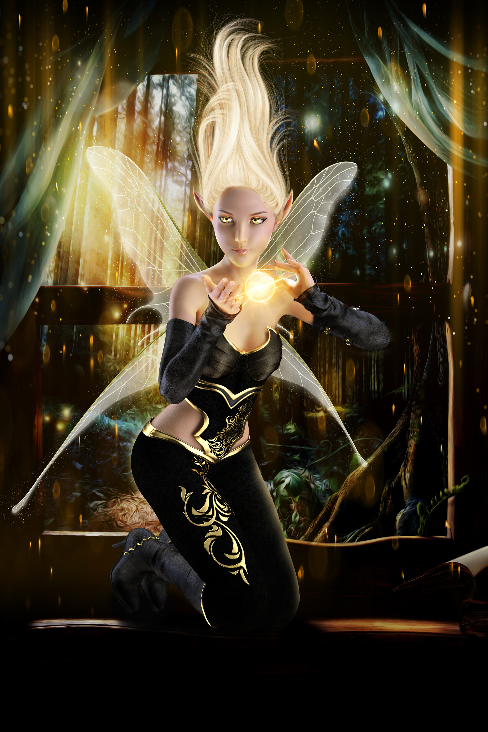 General 1920x2880 artwork digital art fantasy art women fantasy girl blonde kneeling pointy ears yellow eyes wings