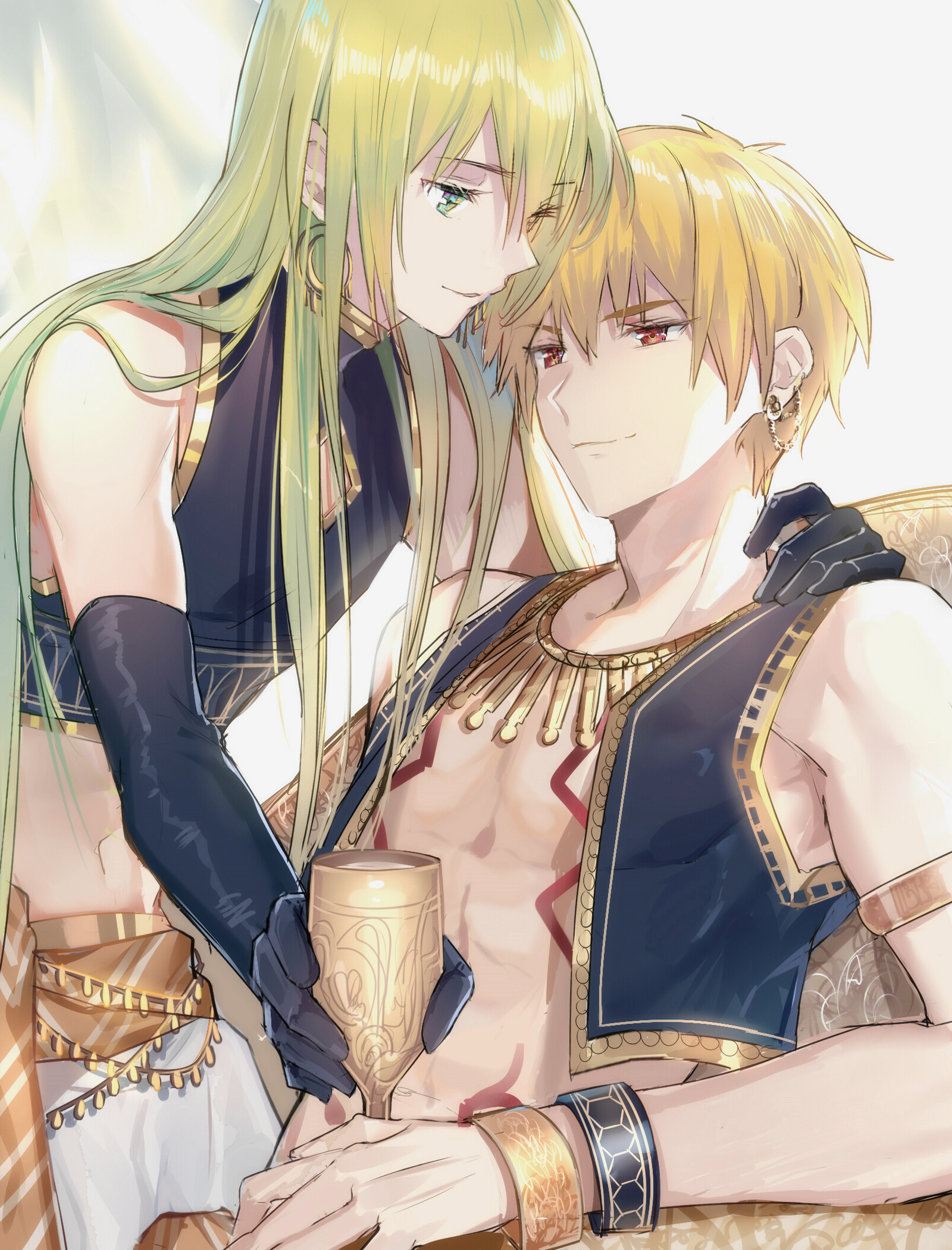 Anime 1600x2100 Fate series Fate/Grand Order Yaoi hugging couple anime boys muscles 6-pack belly femboy armpits 2D anime Gilgamesh Enkidu (FGO) portrait display red eyes fan art armlet