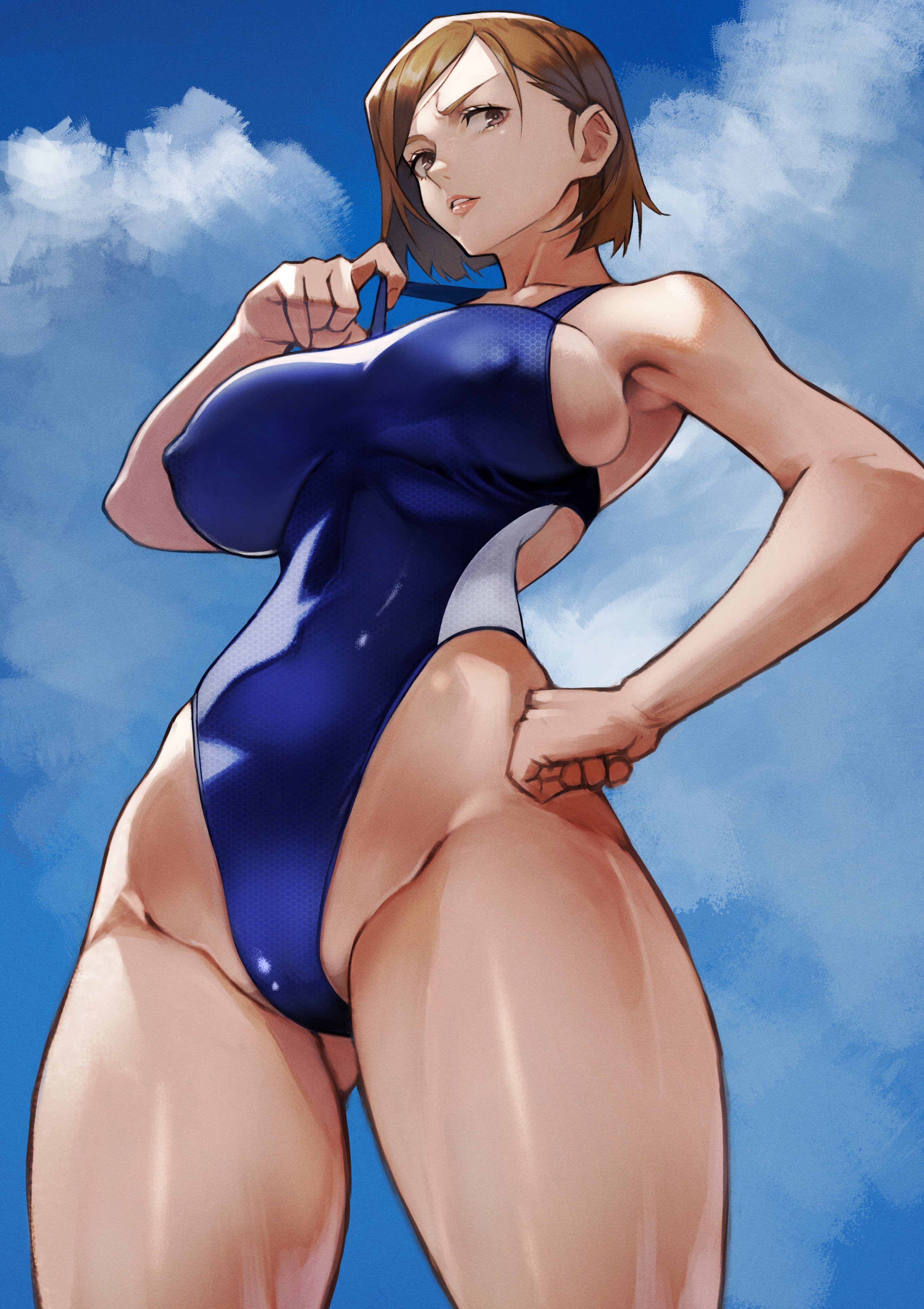 Anime 2892x4096 ecchi cameltoe armpits big boobs curvy belly button looking away low-angle wide hips parted lips overcast hands on hips competition swimsuit one-piece swimsuit 2D Kugisaki Nobara anime girls bangs thighs anime belly fan art portrait display boob pockets Yoshio (artist) nipple bulge