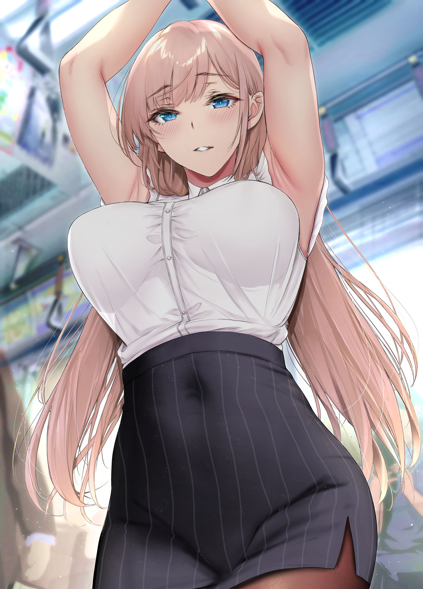 boobs, big boobs, arms up, long hair, looking at viewer, Gentsuki