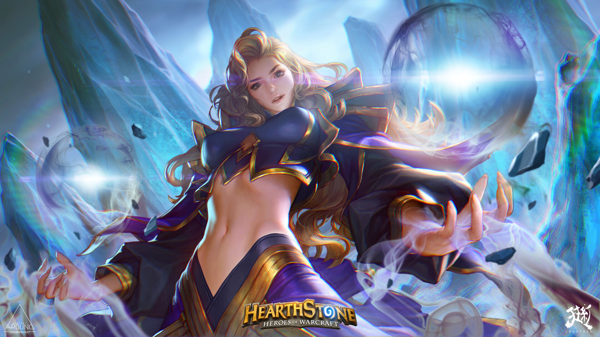 General 1920x1080 Shim Jae-Woo drawing Hearthstone women Jaina Proudmoore tight clothing magician spell low-angle blonde bra belly