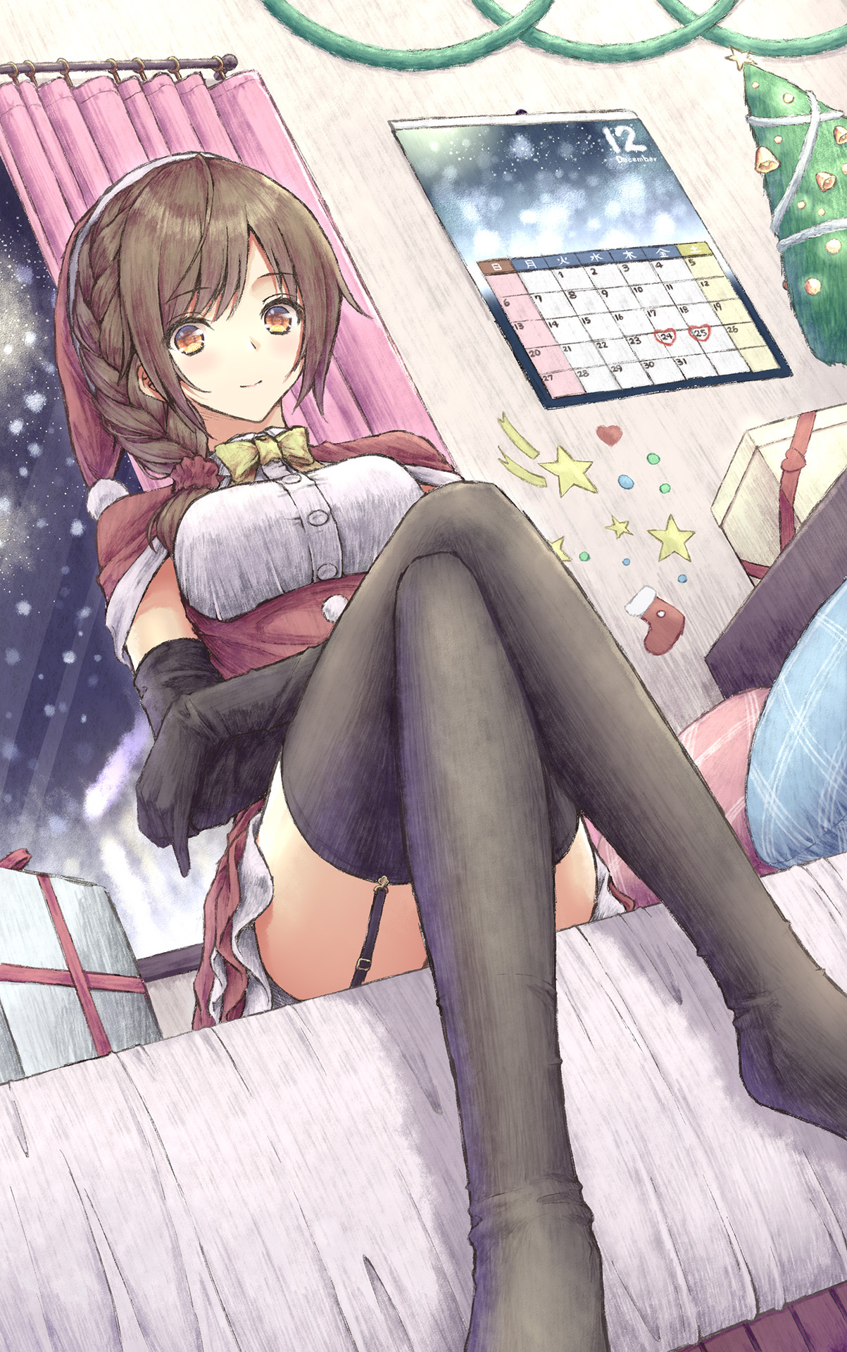 Anime 1203x1920 anime anime girls digital art artwork 2D portrait display black stockings garter straps smiling brown eyes brunette braids low-angle Christmas Santa girl Senkawa Chihiro THE iDOLM@STER Aramachi