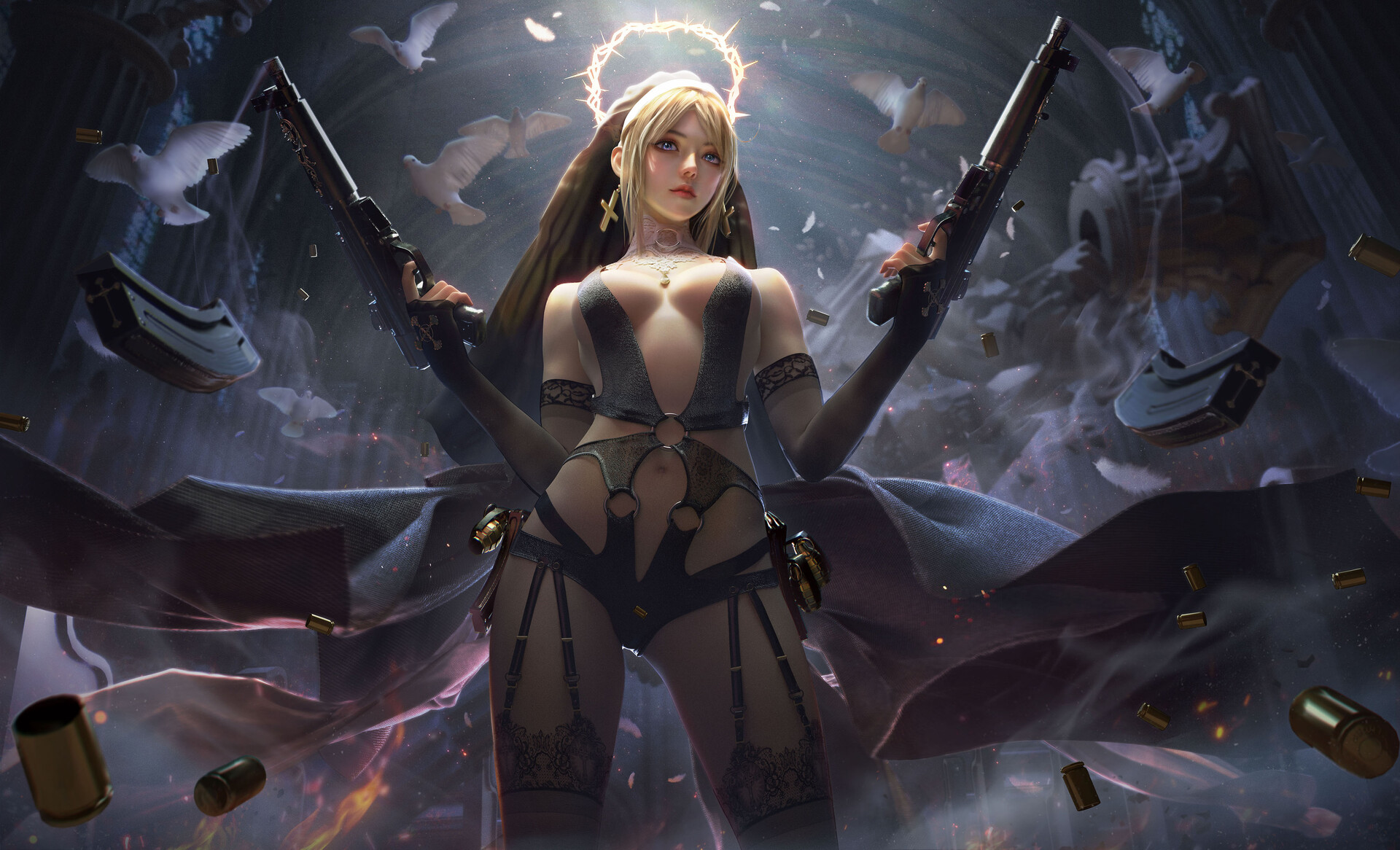 General 1920x1166 artwork ArtStation women girls with guns standing belly boobs blonde birds animals dove stockings weapon necklace Yuan Yuan nuns frontal view low-angle halo skimpy clothes gun looking at viewer belly button arm warmers centered cape thighs emotionless gun smoke ammunition pistol garter belt cross earring grenades gothic architecture veils dual wield gemstone necklace