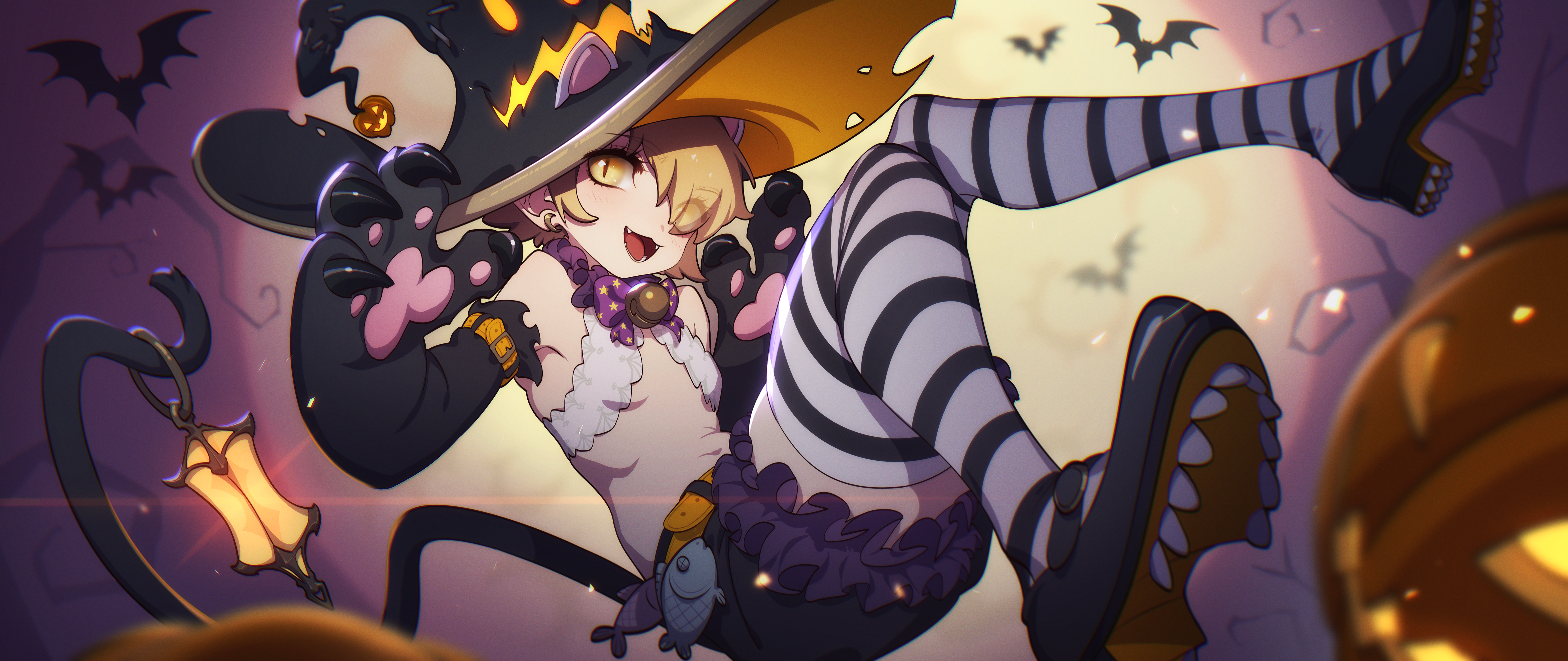 Anime 5530x2333 anime girls cat girl Halloween witch hat tail striped socks lantern pumpkin