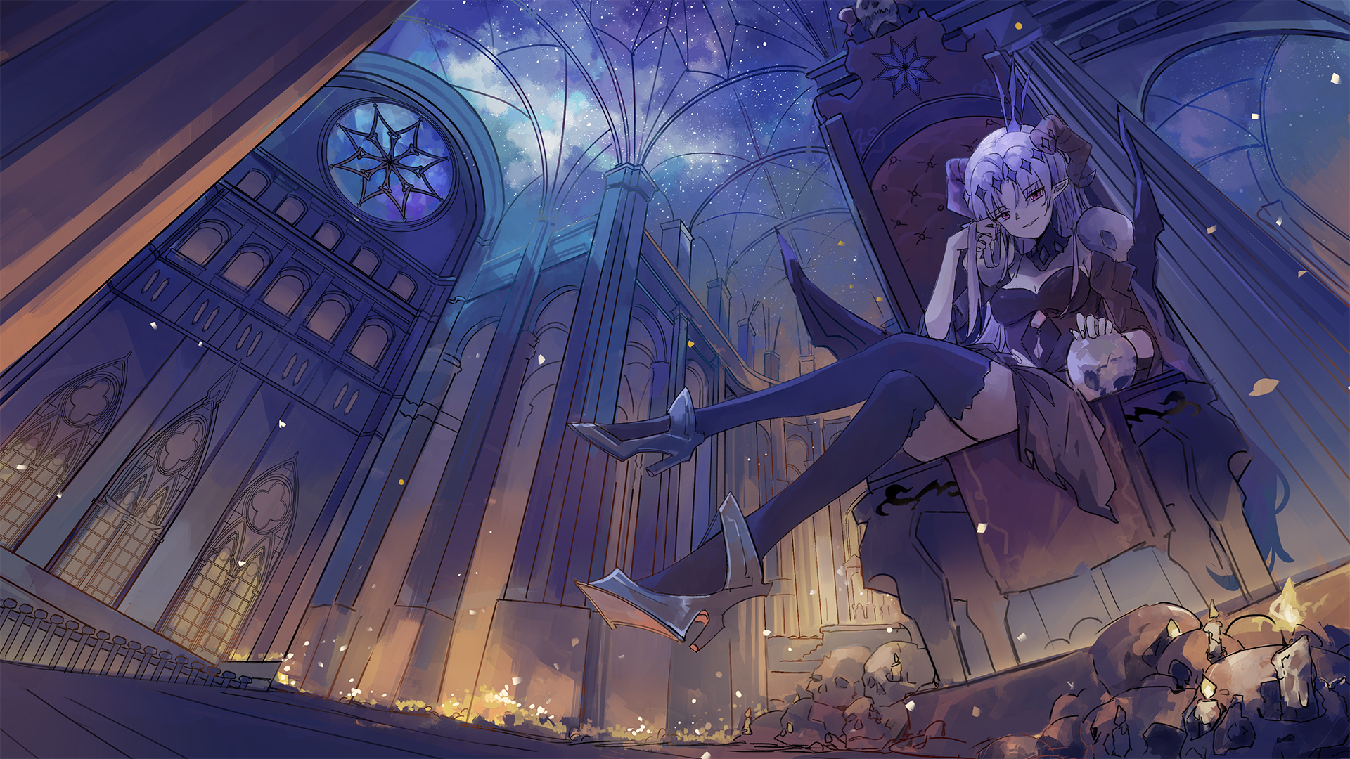 Anime 1920x1080 long hair building skull red eyes cleavage thigh-highs clouds horns candles chair stars sky pointy ears low-angle axleaki