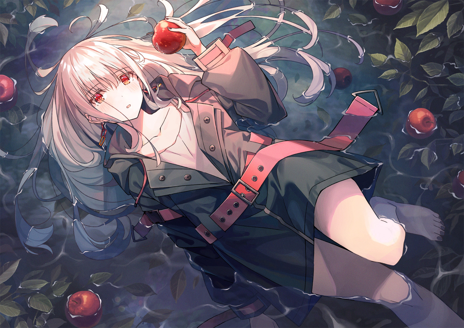 Anime 1600x1131 anime anime girls original characters lying down Koh RD silver hair red eyes apples water barefoot